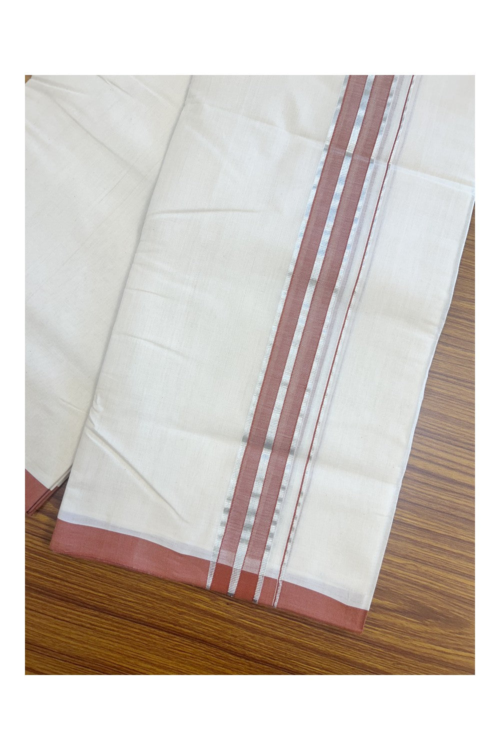 31% DISCOUNT!! KaithariKada HANDLOOM Millpaav Balaramapuram - 100% PURE Cotton OFF White Double - (Unbleached) Mundu/Dothi - 1.75 Inch Silver Kasav Brick Red - 28kk5153RAM