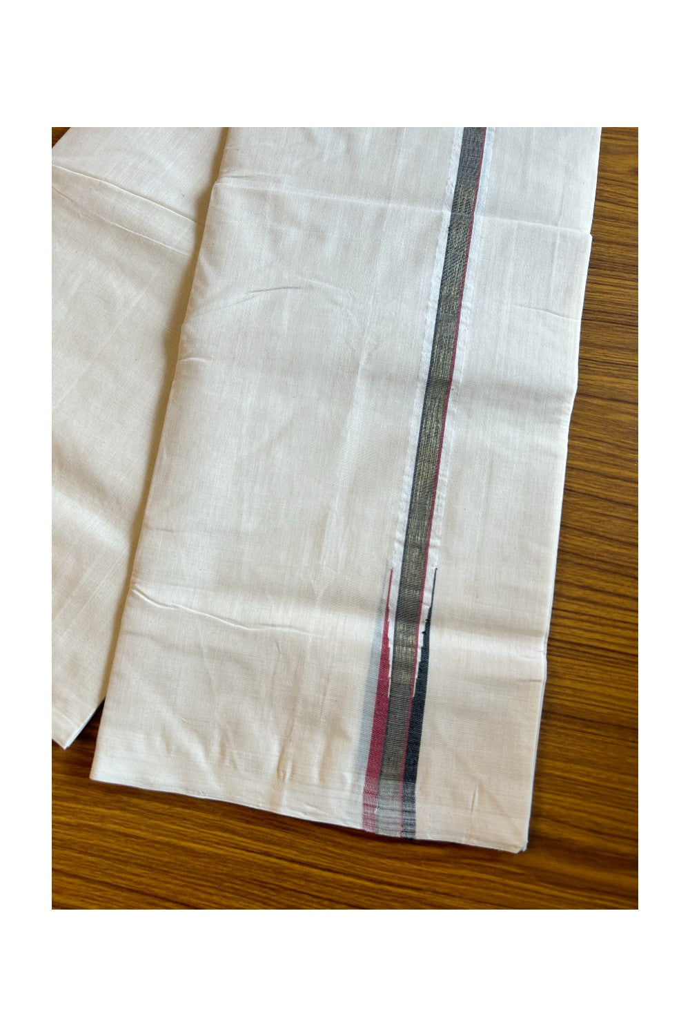 30% DISCOUNT!! KaithariKada HANDLOOM Millpaav Balaramapuram - 100% PURE Cotton OFF White Double - (Unbleached) Mundu/Dothi - 1 inch puliyilakkara Kasavu Shaded Black & Red Chutty - 28KK5011RAM