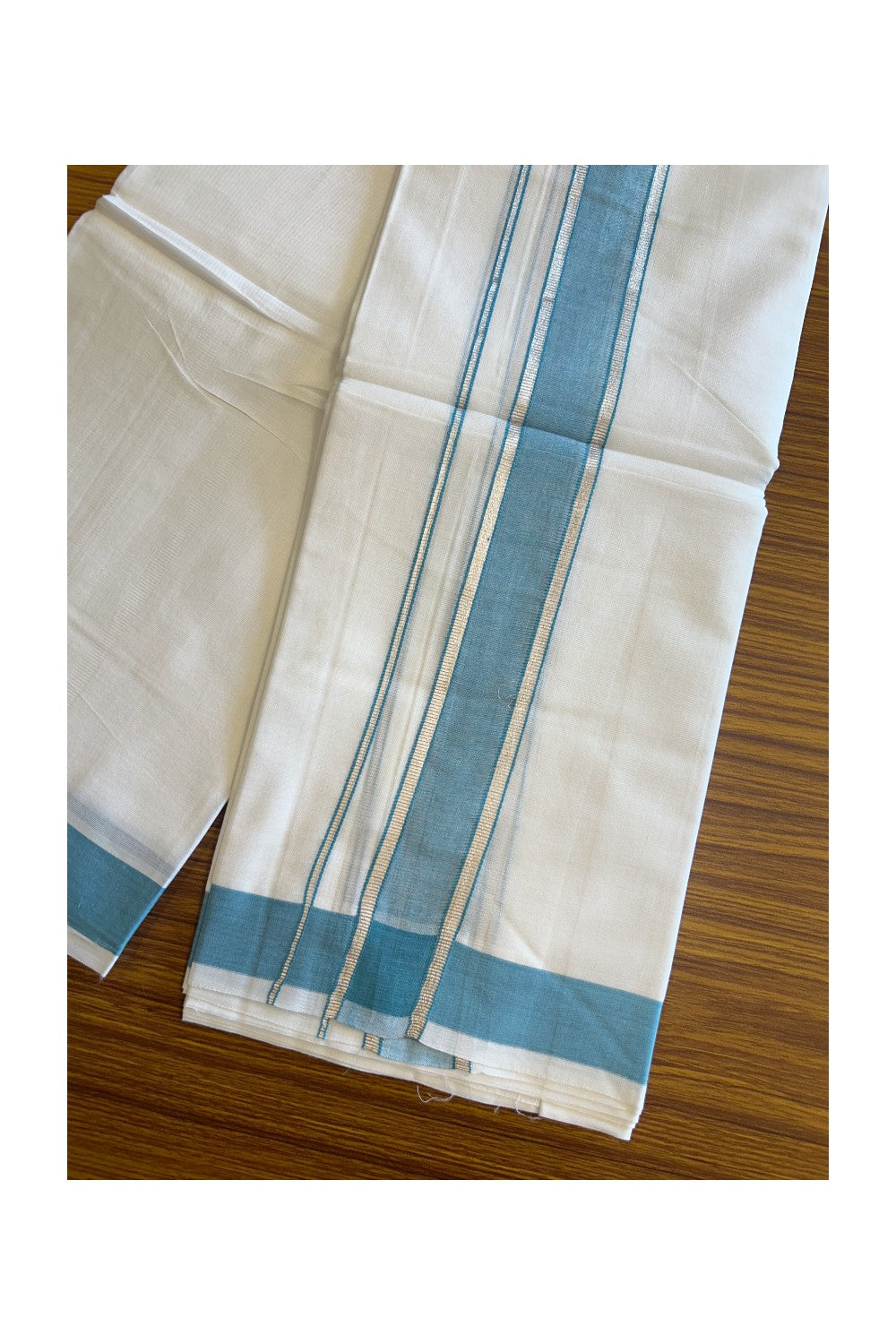 29% DISCOUNT! KaithariKada Balaramapuram 100% Mercerised Cotton Double ULTRA PURE white Mundu/Dhoti - 100x100  2.25 inch Silver Kasavu &  Turquoise blue Kara - 28KK5108GAN