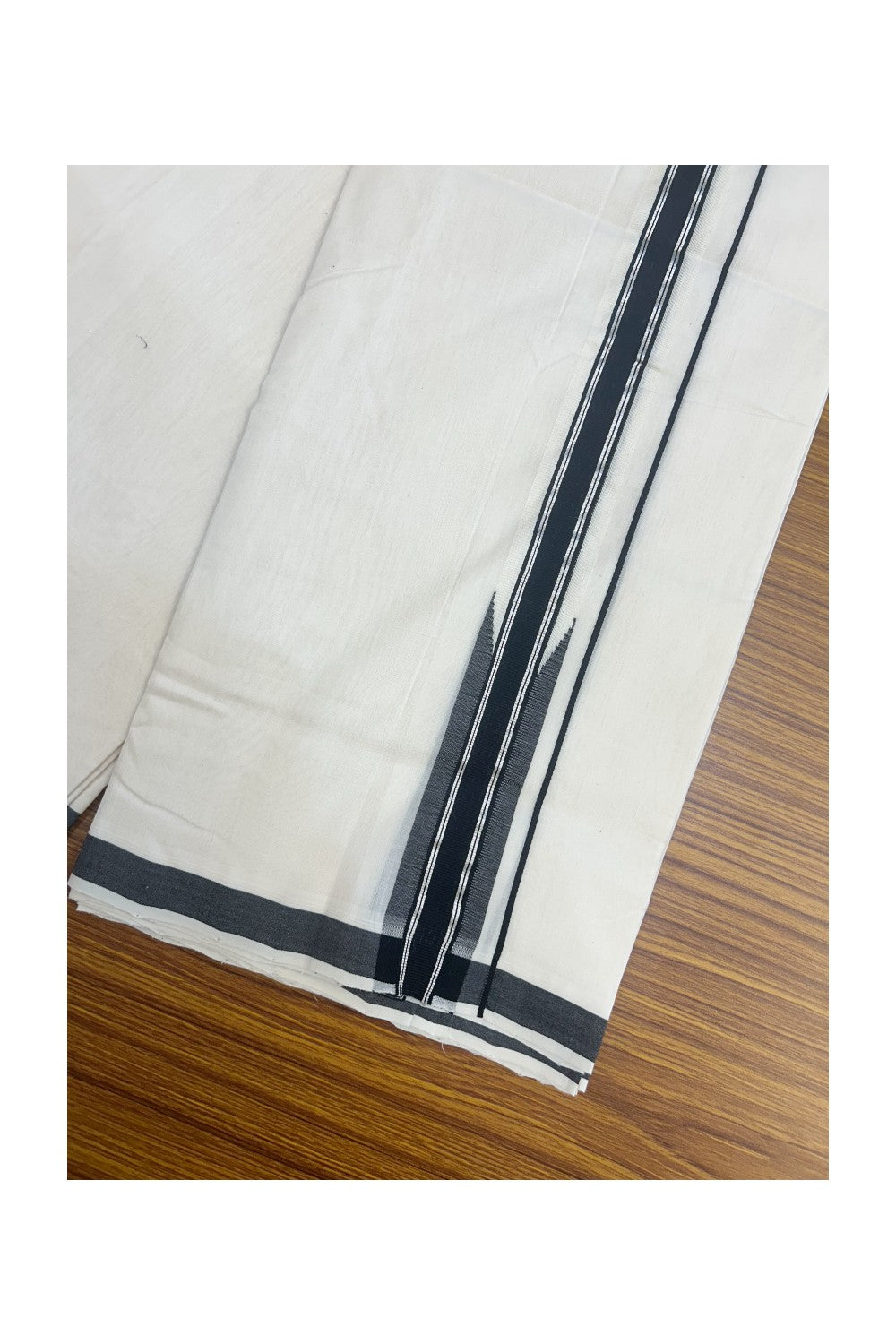 25% DISCOUNT!! KaithariKada HANDLOOM  UNAKKUPAAV Balaramapuram - 100% PURE Cotton OFF White - (Unbleached) Double Mundu/Dothi - 120(Twisted)X 100 - 1.5 inch Silver kasavu stripes Black Puliyilakkara chutty 3.80 meter (8.5 Muzham) - 24KK5167REA