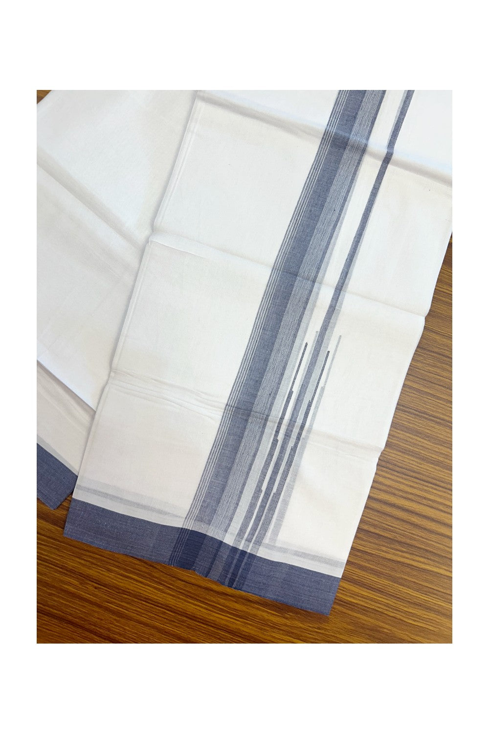 25% DISCOUNT!!! KaithariKada Balaramapuram 100% Cotton DOUBLE PURE WHITE Mundu/Dhoti - 80X80 - 1.5 Inch Steel Blue & White Shaded Side Stripes Chutty kara - 28KK5171GAN