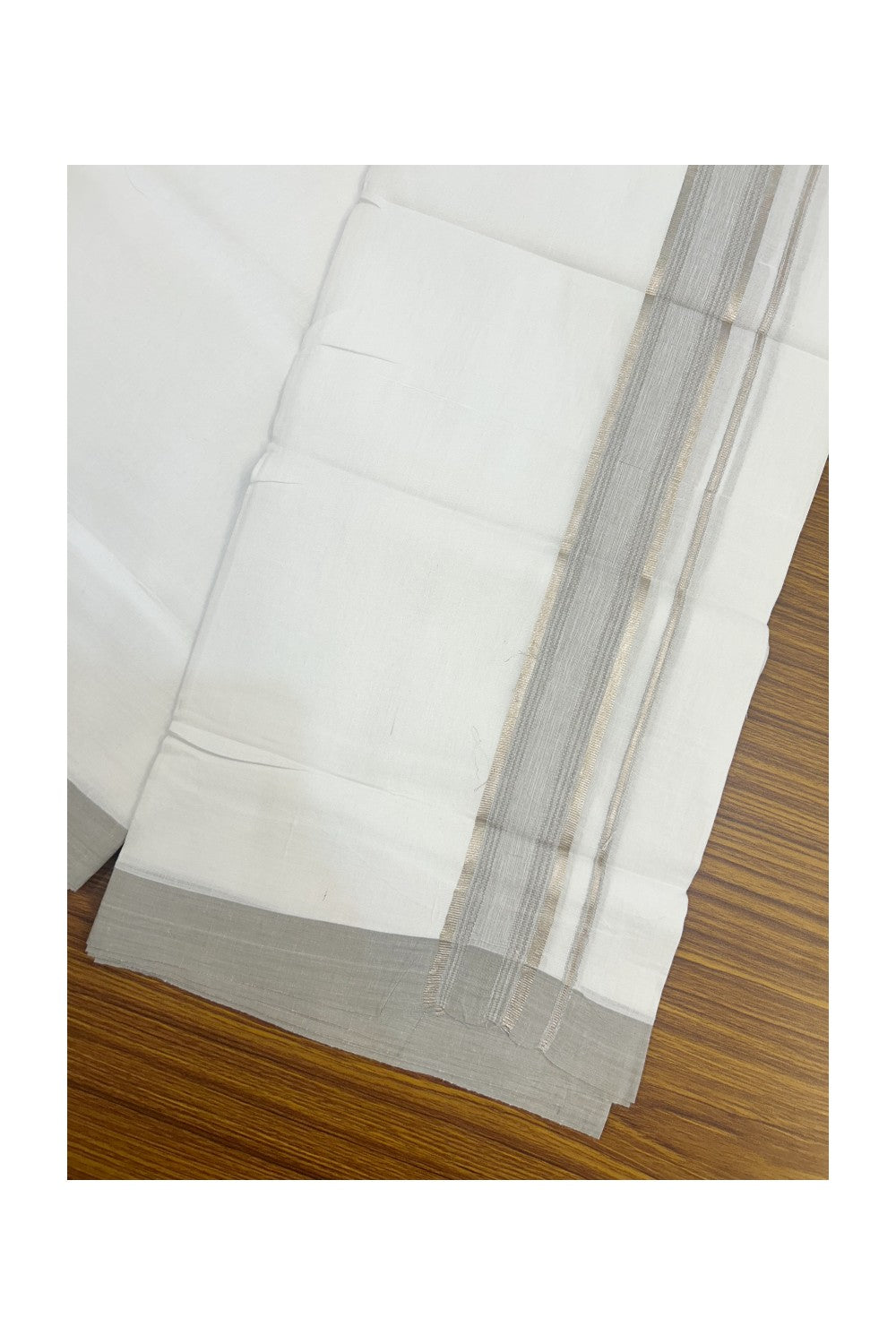 Linen Dhoti NEW! 20% Discount from Kaitharikada.com - Double Mundu/Dhoti 80x90 Thread PURE WHITE - Pure Cotton + Linen -1.75 Inch Ash Grey & Silver Striped Kara - 28KK5174THI