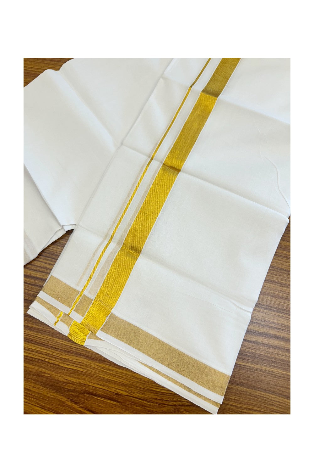 20% DISCOUNT! Kaitharikada Balaramapuram 100% Cotton PURE WHITE Double Mundu/Dothi - 80x80 - 1 Inch Gold Kasav Kara - 28KK5182VAS
