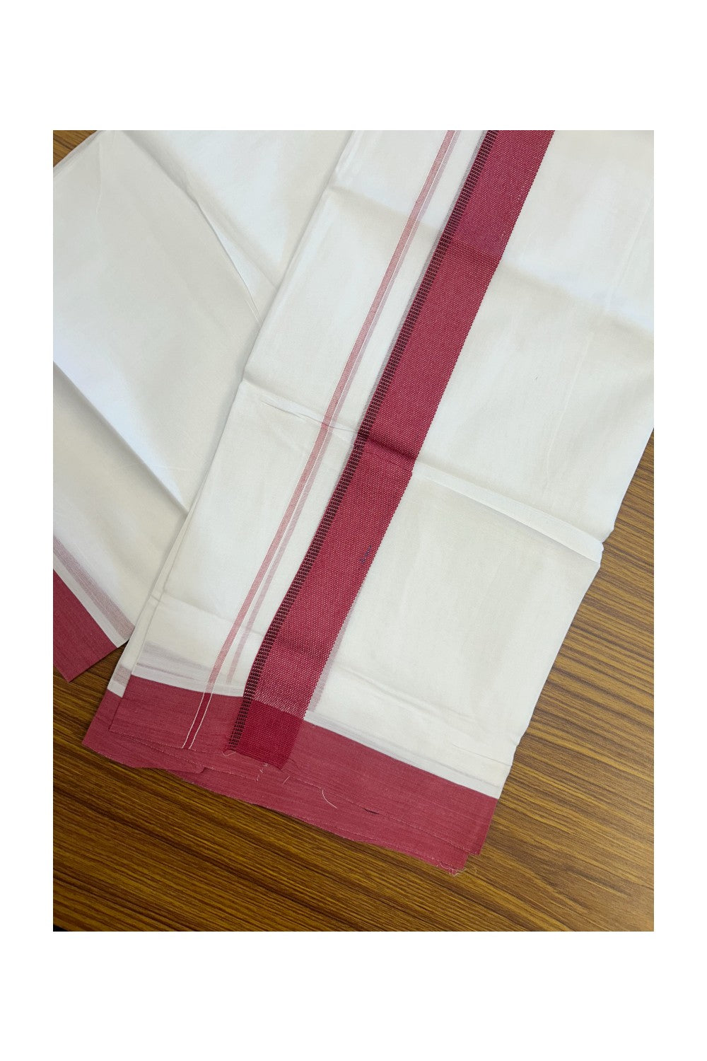 20% Discount ! Kaitharikada Balaramapuram 100% Cotton PURE WHITE Double Mundu/Dothi - 100x80 - 1.5 inch Bright Maroon & Black Side Striped Kara - 28KK5183VIN