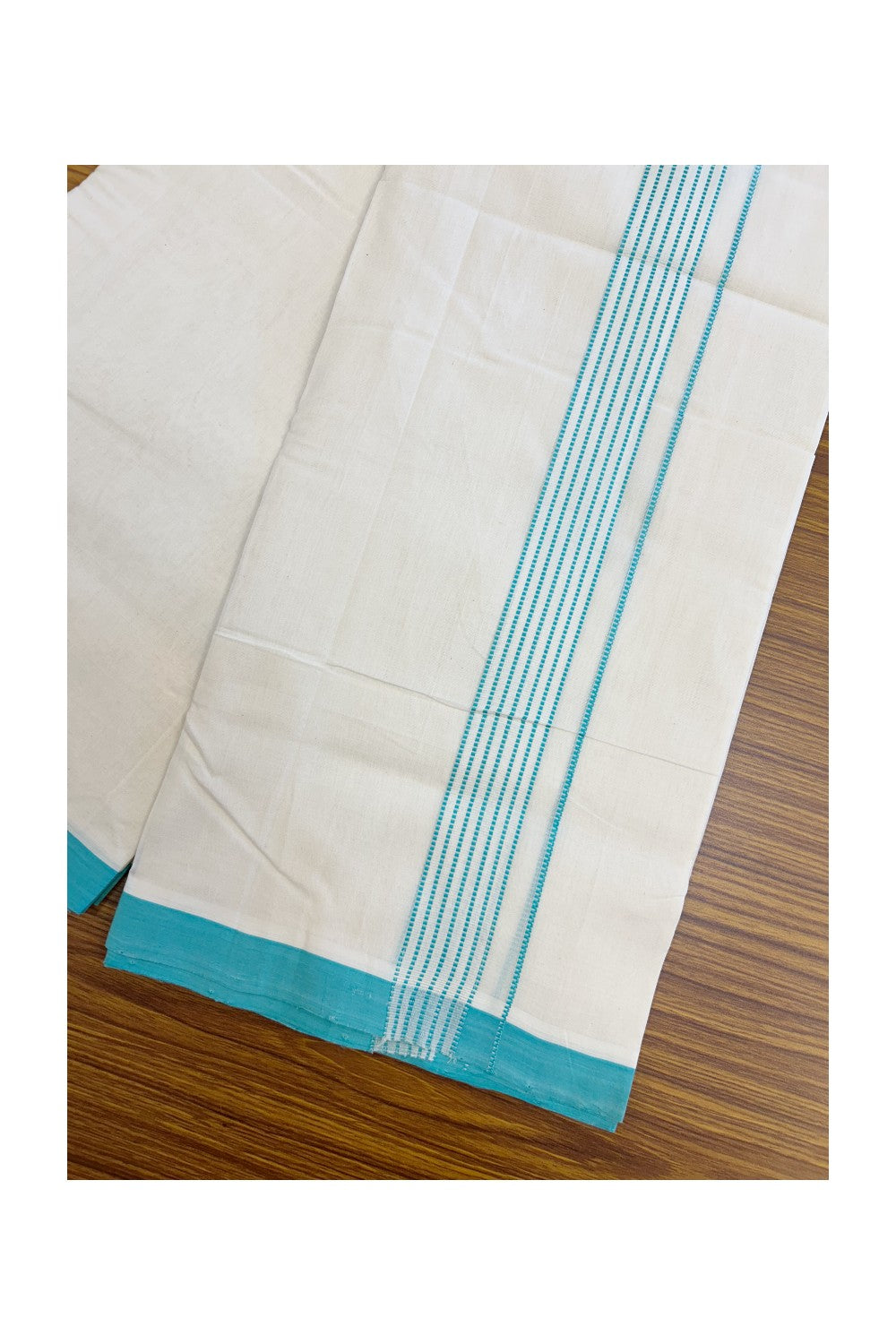 25% DISCOUNT!! KaithariKada HANDLOOM  UNAKKUPAAV Balaramapuram - 100% PURE Cotton OFF White - (Unbleached) Double Mundu/Dothi - 80x100 - 1.5 inch Turquoise blue stripes pattern kara 3.80 meter (8.5 Muzham) - 28KK5209 REA