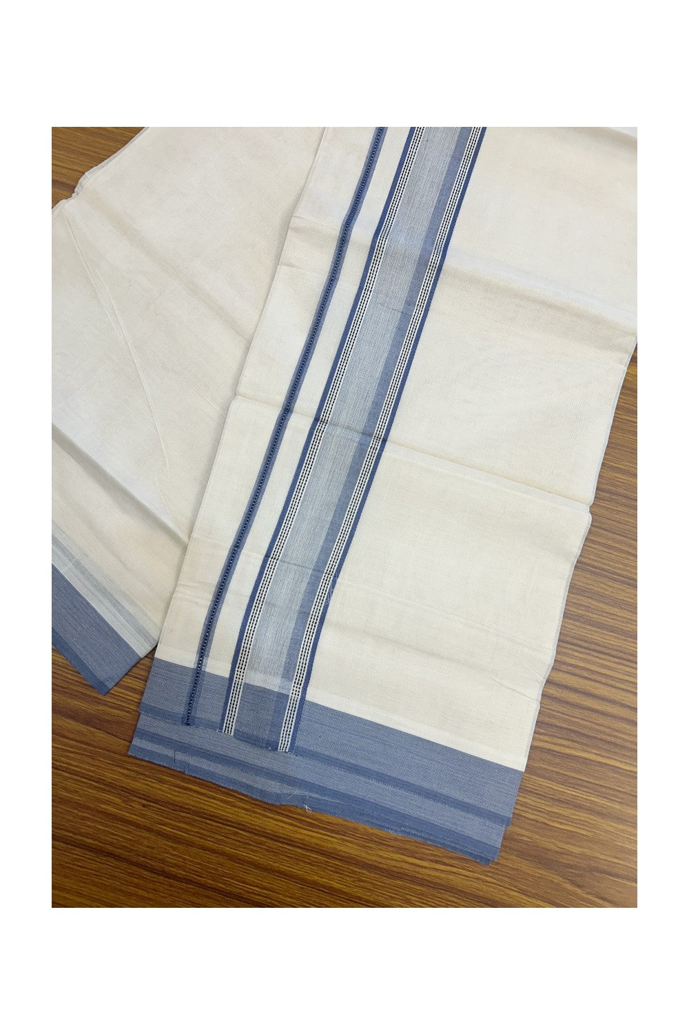 20% DISCOUNT ! KaithariKada Balaramapuram 100%  Cotton OFF WHITE (Unbleached) Double  Mundu/Dhoti - 100X80 - 2 inch Dark Pastel Blue & Black Shaded Designer Kara - 28KK5213 VIN