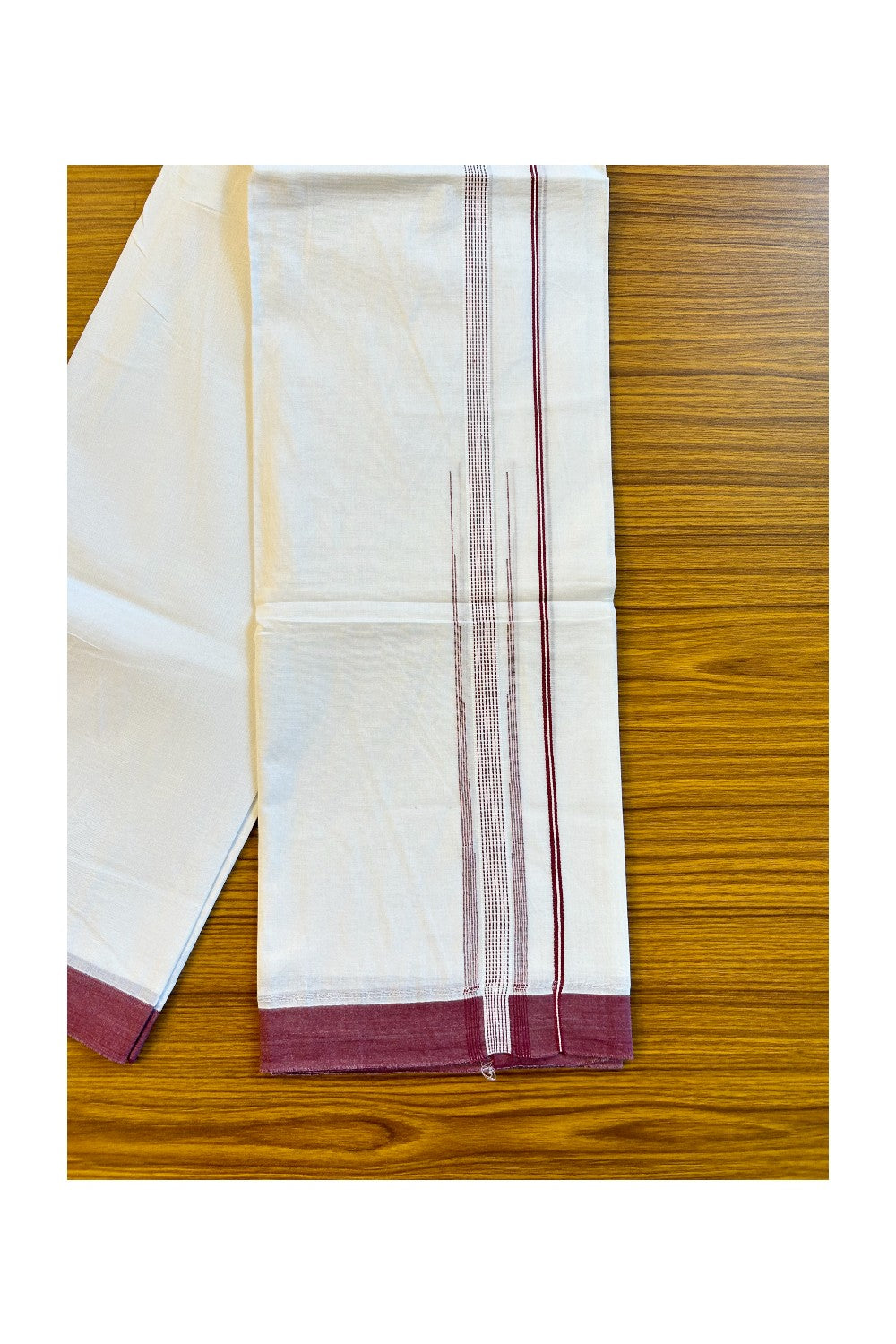 22% DISCOUNT!! Kaitharikada Balaramapuram 100% Cotton PURE WHITE Double Mundu/Dothi-100x100  2 Inch MAROON Striped Cotton Kara 3.80m (8 Muzham) - 28KK74RAM