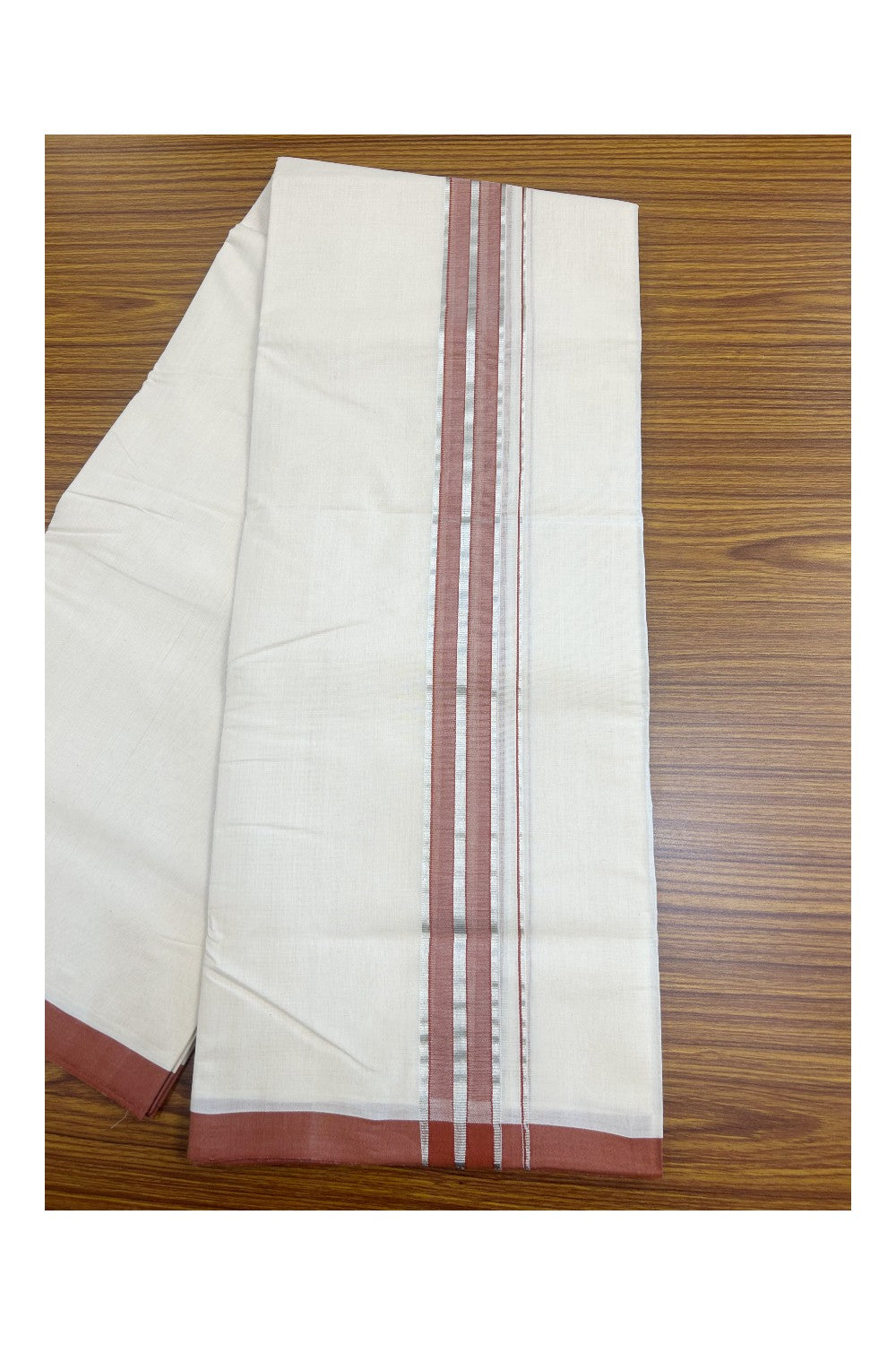 31% DISCOUNT!! KaithariKada HANDLOOM Millpaav Balaramapuram - 100% PURE Cotton OFF White Double - (Unbleached) Mundu/Dothi - 1.75 Inch Silver Kasav Brick Red - 28kk5153RAM