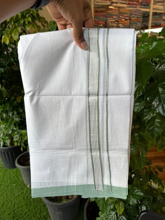 20% Discount ! Kaitharikada Balaramapuram 100% Cotton Pure White Double Mundu/Dothi - 100x80 - 0.75 inch Silver Kasav & Mint Green Striped Kara 4 mtr (8.5 muzham) - 58 KK5255 VAS