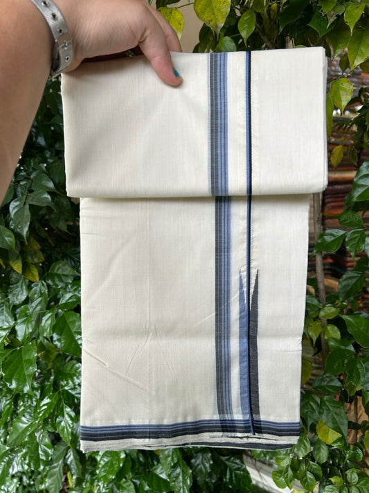 25% DISCOUNT!! KaithariKada HANDLOOM  UNAKKUPAAV Balaramapuram - 100% PURE Cotton OFF White - (Unbleached) Double Mundu/Dothi - 100 x 80 - Blue Black Chutty Kara - 3.80 meter (8.5 Mulam) - 29 KK5249 REA