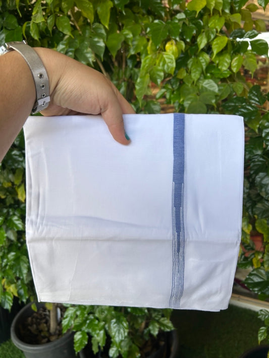 20% DISCOUNT!! NEW!! KaithariKada Balaramapuram 100% Cotton PURE WHITE Double Mundu/Dhoti - (100x80)s - 0.5 inch Blue Kara chutty - 29 KK5249 VIN