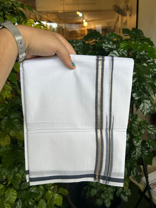 20% Discount! KaithariKada Balaramapuram 100% Cotton Pure white Double Mundu/Dhoti - (100x80)s - 0.75 Dark Navy Blue Chutty Silver Kasav - 29 KK5252 CKS