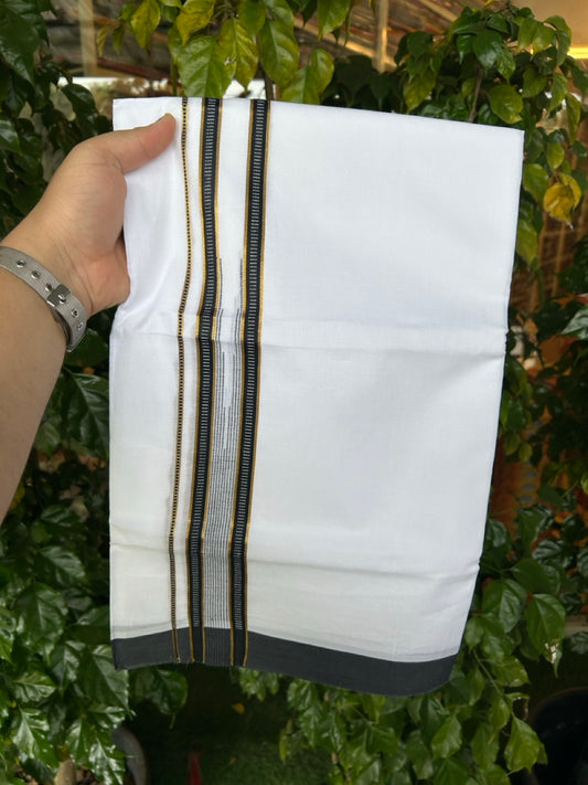 24% Discount! KaithariKada Balaramapuram 100% Cotton Pure white Double Mundu/Dhoti - (100x80)s - 1.5 inch Puliyilakkara Black Stripes Chutty Gold Kasav - 29 KK5258 THI