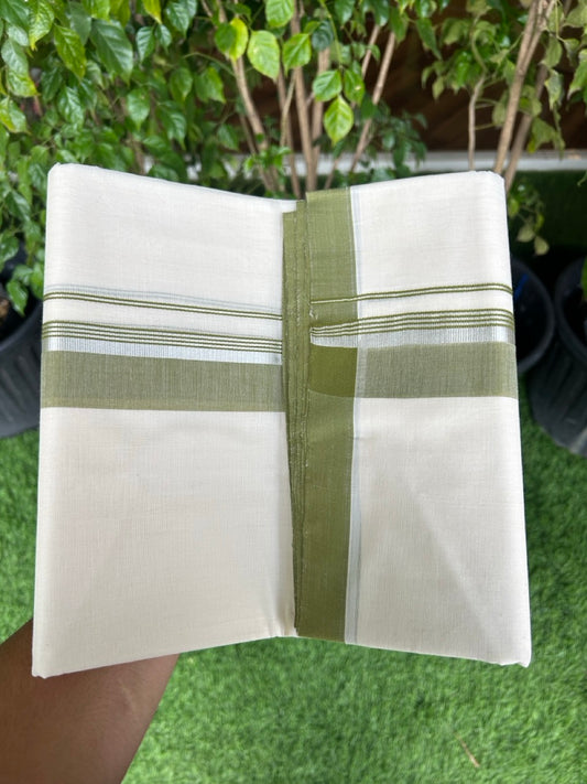 31% DISCOUNT!! KaithariKada HANDLOOM Millpaav Balaramapuram - 100% PURE Cotton OFF White Double - (Unbleached) Mundu/Dothi - 1.75 Inch Silver Kasav Green - 29kk5153RAM