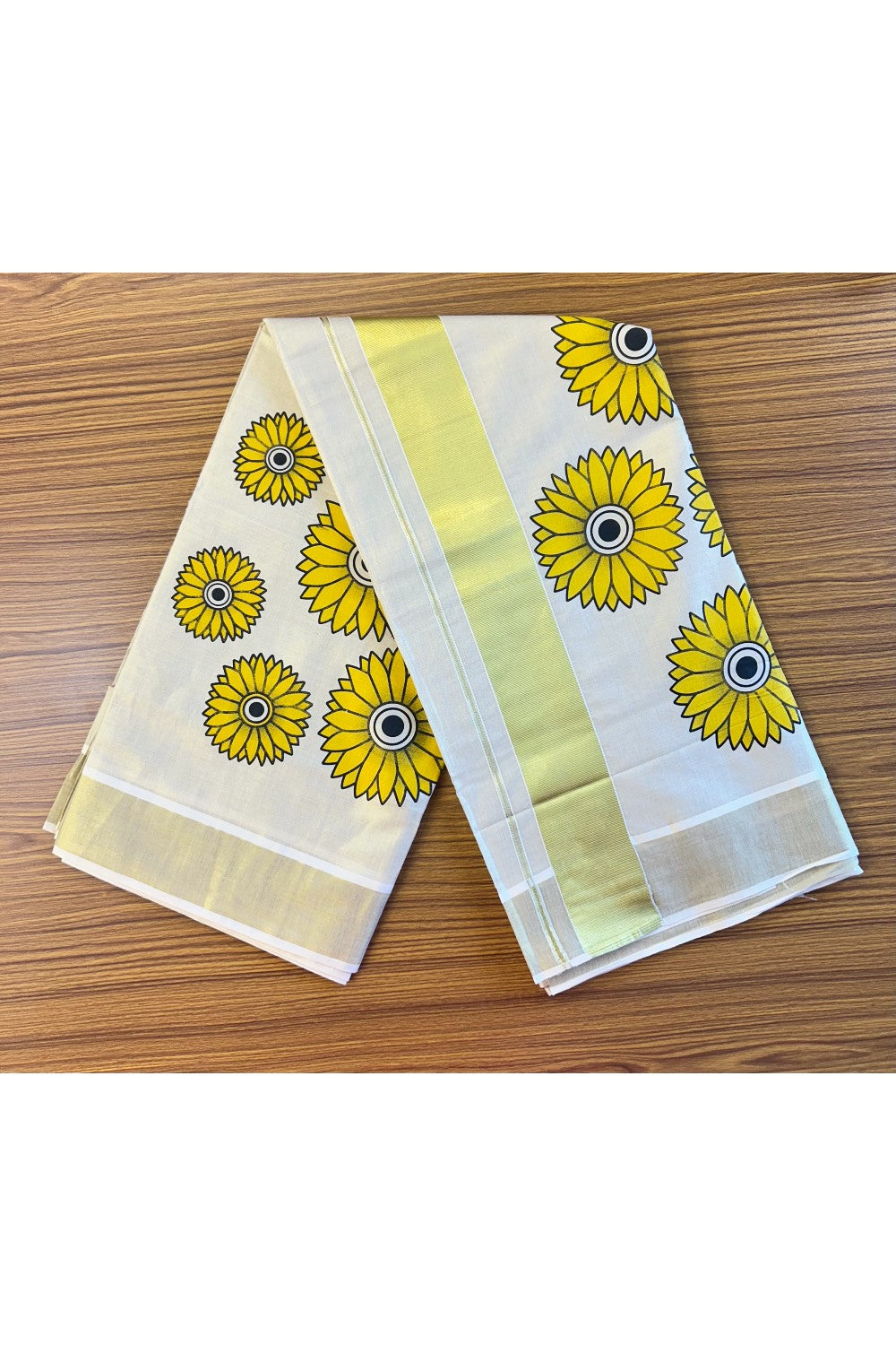 25% Discount! Kaitharikada Kerala Saree - Kasavu Tissue -  Kasavu Zari & Yellow Floral Printed Body - 29KK300VIN