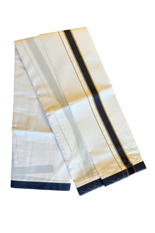 KaithariKada Balaramapuram COTTON SINGLE PURE WHITE VELCRO Mundu/Dhoti - 1.75inch Dark Blue &  Kasavu kara (2 metre / 4 muzham)- 29KK485SRI