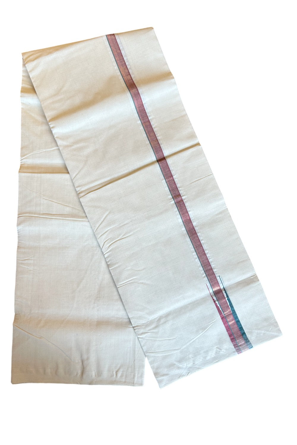 30% DISCOUNT!! KaithariKada HANDLOOM Millpaav Balaramapuram - 100% PURE Cotton OFF White - (Unbleached) Double Mundu/Dothi - 1 inch puliyilakkara Kasavu Shaded Maroon & Green Chutty - 29KK5011RAM