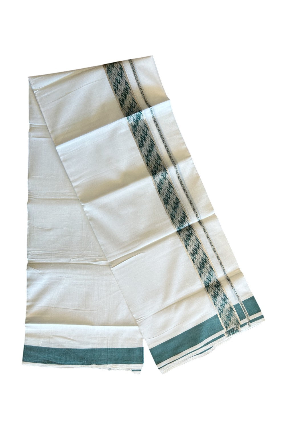 20% DISCOUNT! KaithariKada Balaramapuram 100% Cotton Double PURE white Mundu/Dhoti - 100x80 - 2 Inch Silver kasavu Dark Green jacquard pattern Kara - 29KK5112PMC