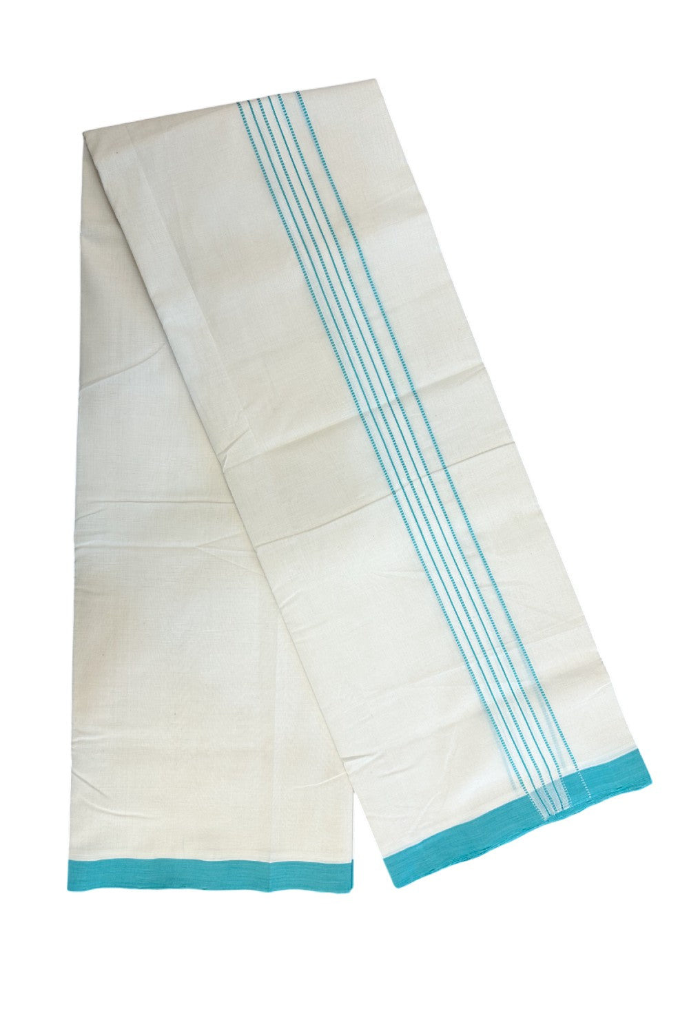 25% DISCOUNT!! KaithariKada HANDLOOM  UNAKKUPAAV Balaramapuram - 100% PURE Cotton OFF White - (Unbleached) Double Mundu/Dothi - 100x100 - 1.25 inch Turquoise blue stripes pattern kara 3.80 meter (8.5 Muzham) - 17KK5167REA