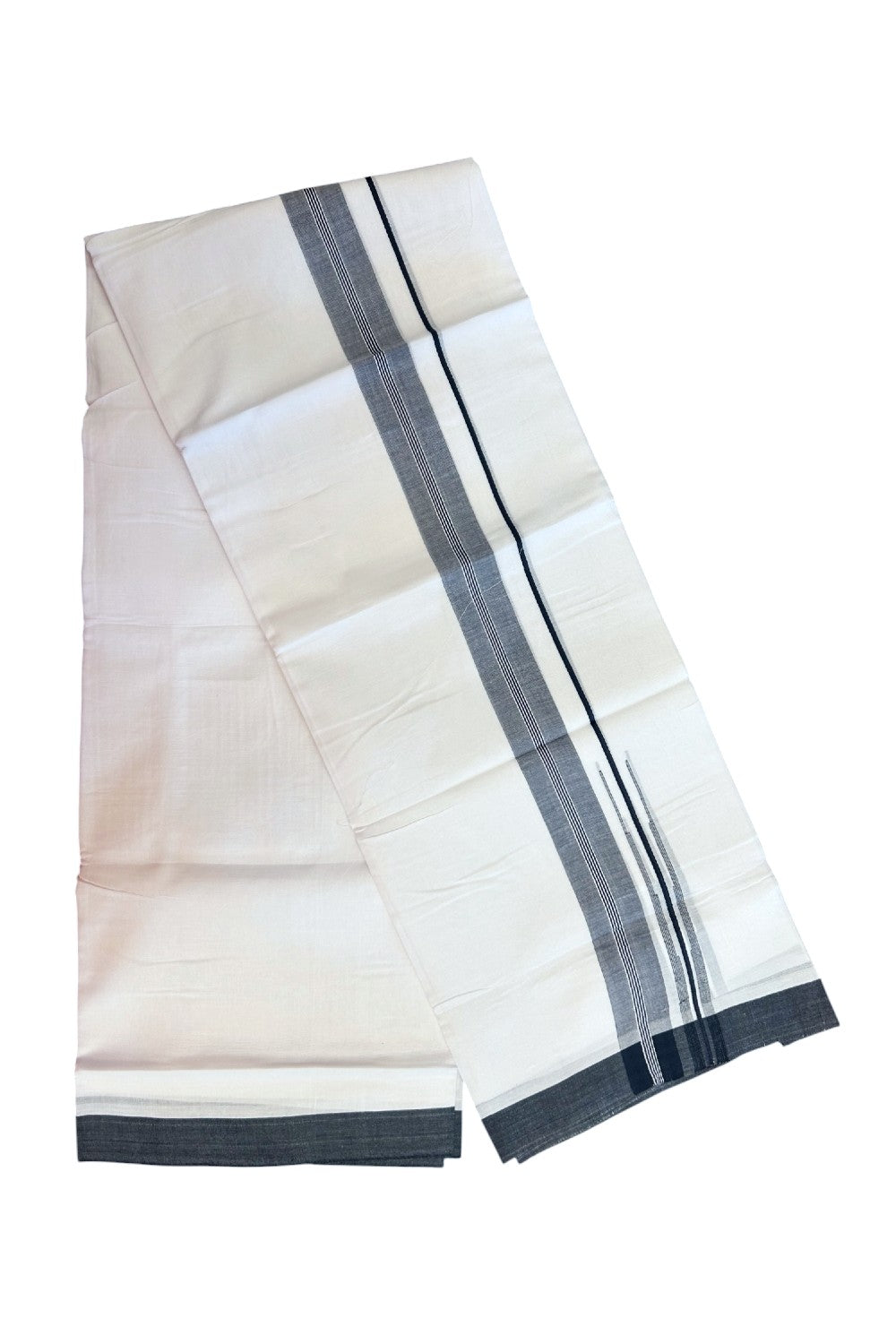 25% DISCOUNT!!! KaithariKada Balaramapuram 100% Cotton DOUBLE PURE WHITE Mundu/Dhoti - 80X80 - 1.5 Inch Black & White Shaded Centre Stripes Chutty kara - 29KK5171GAN
