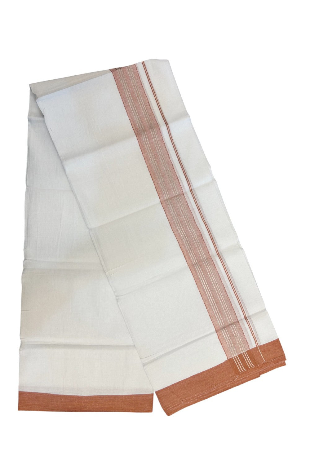 Linen Dhoti NEW! 20% Discount from Kaitharikada.com - Double Mundu/Dhoti 80x90 Thread PURE WHITE - Pure Cotton + Linen -1.75 Inch Brick Orange & Silver Striped Kara - 29KK5174THI