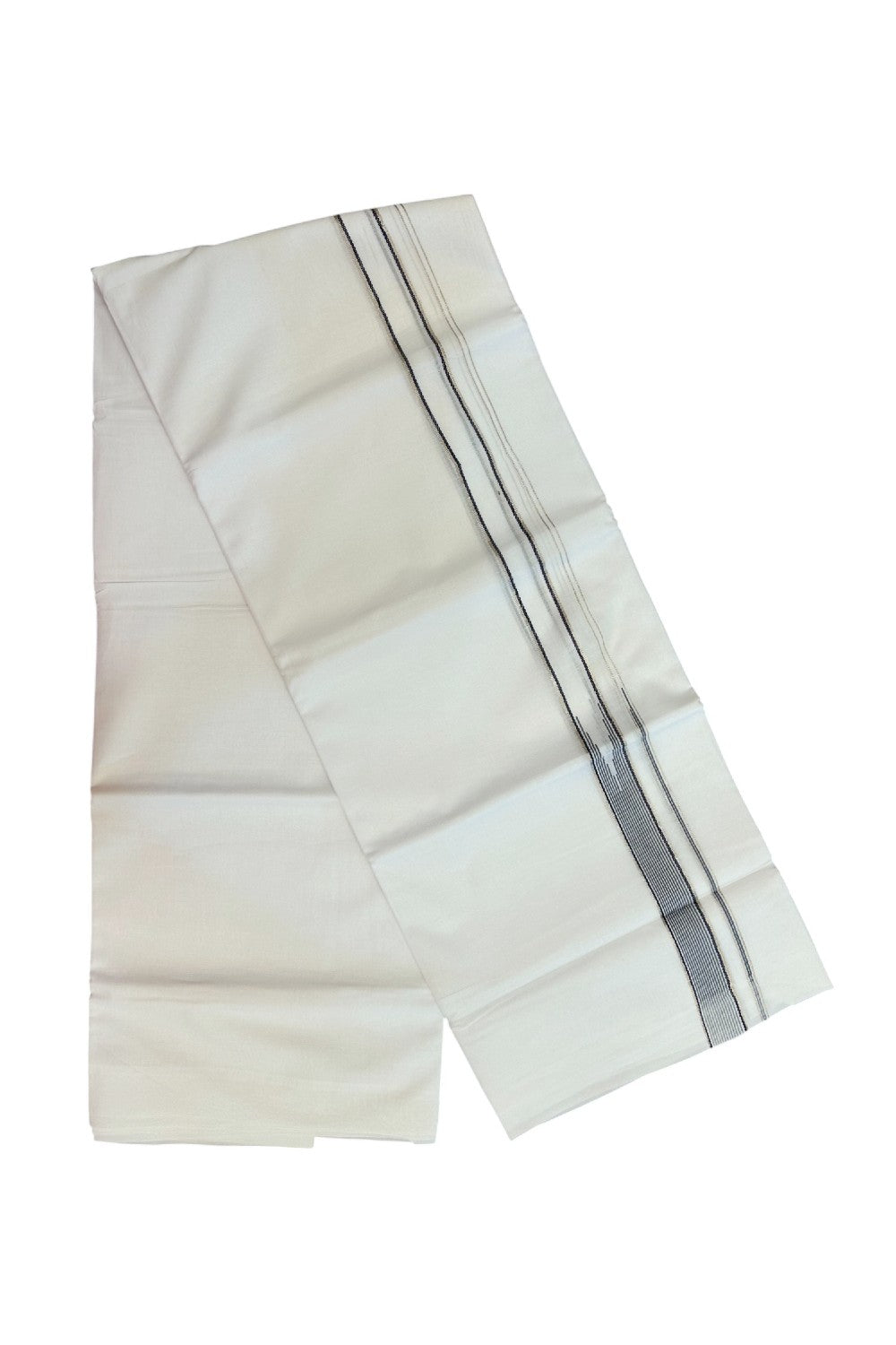 20% Discount ! Kaitharikada Balaramapuram 100% Cotton PURE WHITE Double Mundu/Dothi - 100x80 - 1 inch Silver Kasavu & Navy Blue Striped chutty kara- 29KK5183VIN