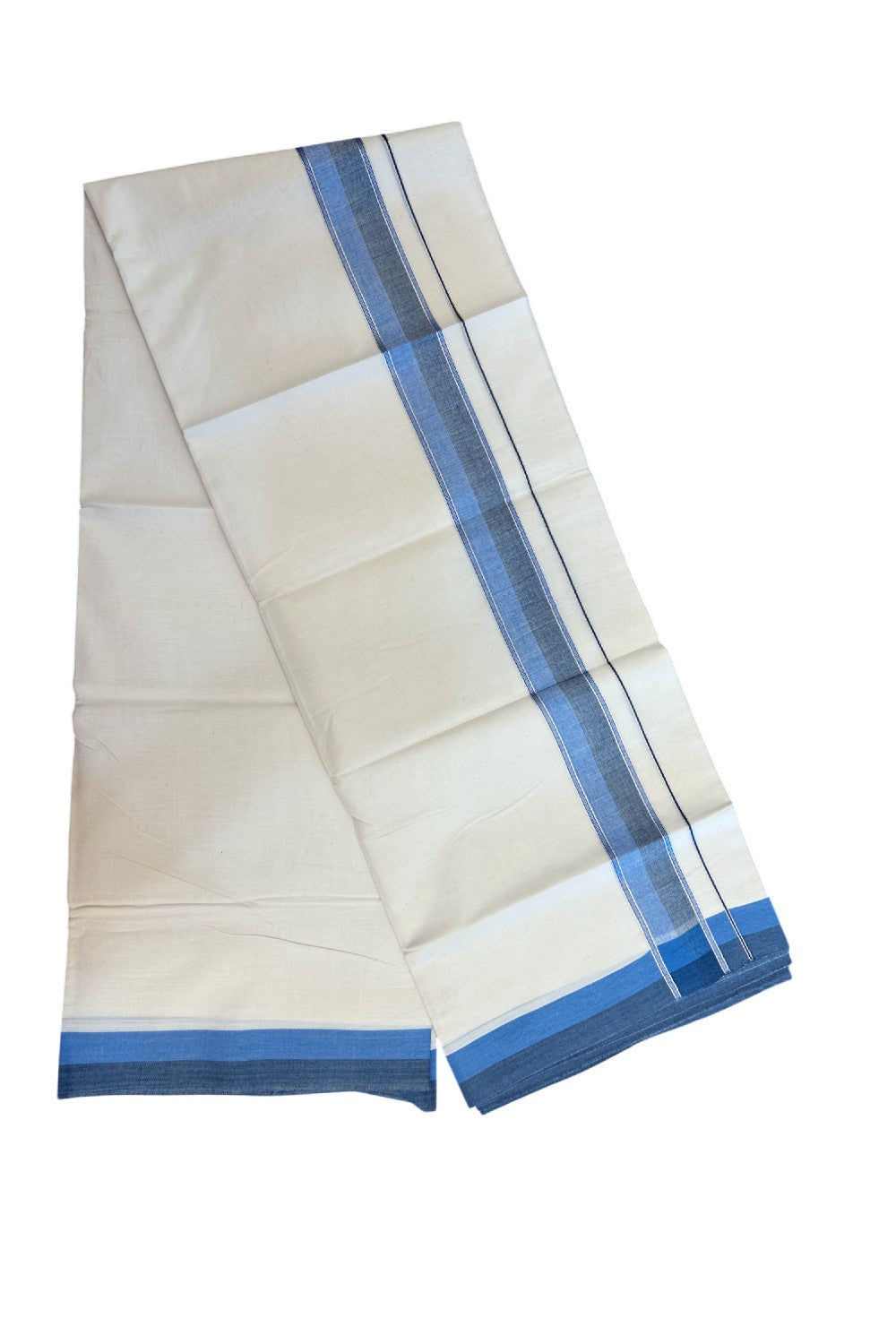 20% DISCOUNT !! KaithariKada Balaramapuram 100% Pure Cotton Double Off white - (Unbleached) Mundu/Dhoti-100x100 - 1.5 inch Puliyilakkara Silver Kasavu Blue & Navy Blue Shaded Stripes Kara - 28KK5186CKS