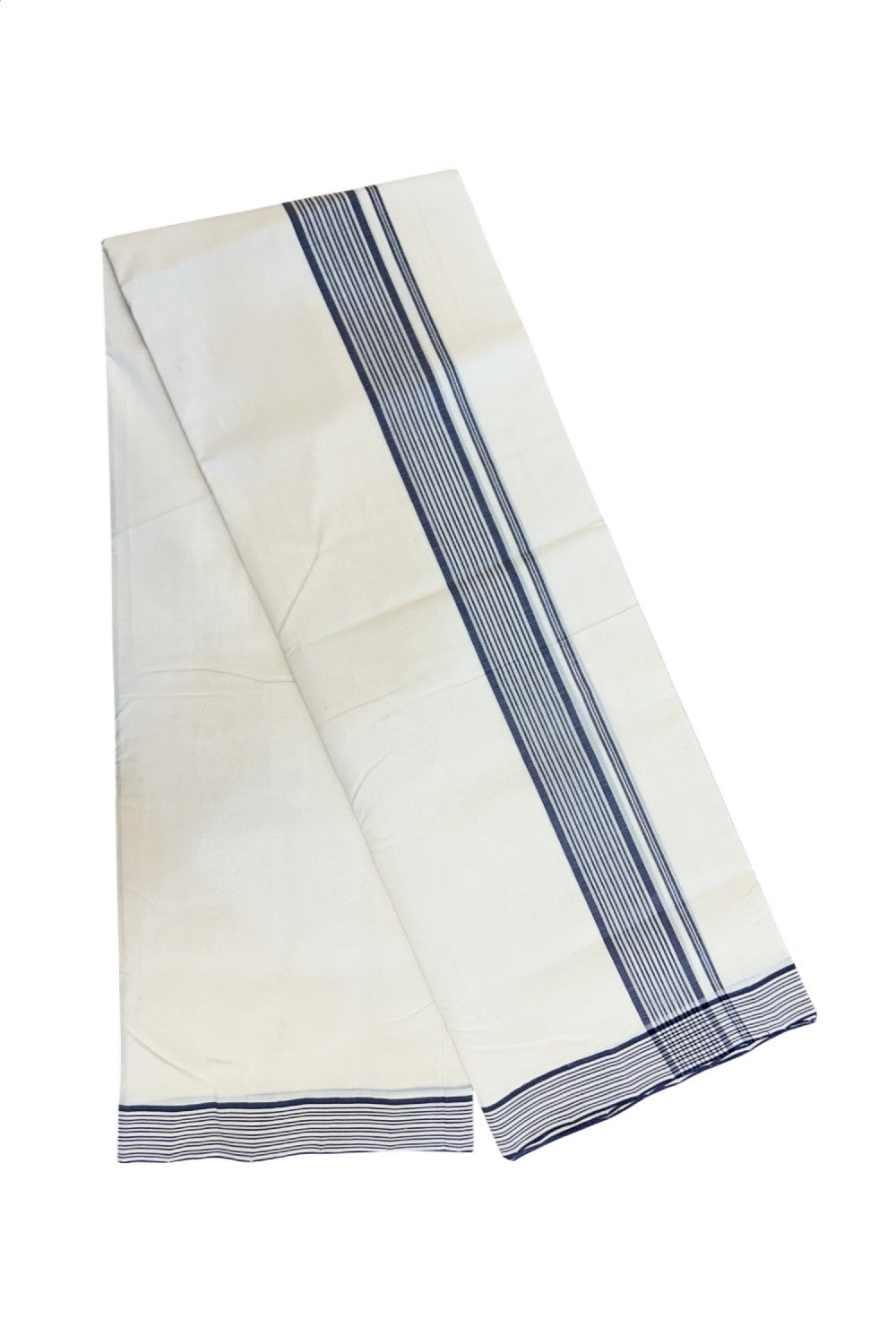 25% DISCOUNT!! KaithariKada HANDLOOM  UNAKKUPAAV Balaramapuram - 100% PURE Cotton OFF White - (Unbleached) Double Mundu/Dothi - 80x100 - 1.75 inch Blue Shaded Striped Kara- 29KK5209 REA