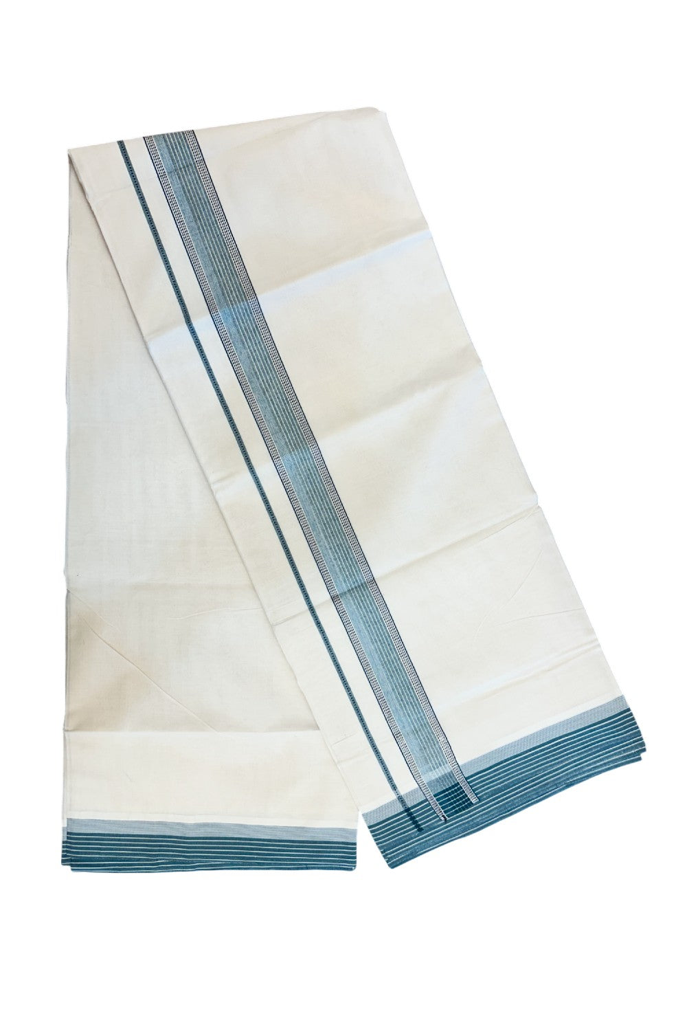 20% DISCOUNT ! KaithariKada Balaramapuram 100%  Cotton OFF WHITE (Unbleached) Double  Mundu/Dhoti - 100X80 - 1.5 inch Dark Green & Black Striped & Shaded Designer Kara - 29KK5213 VIN