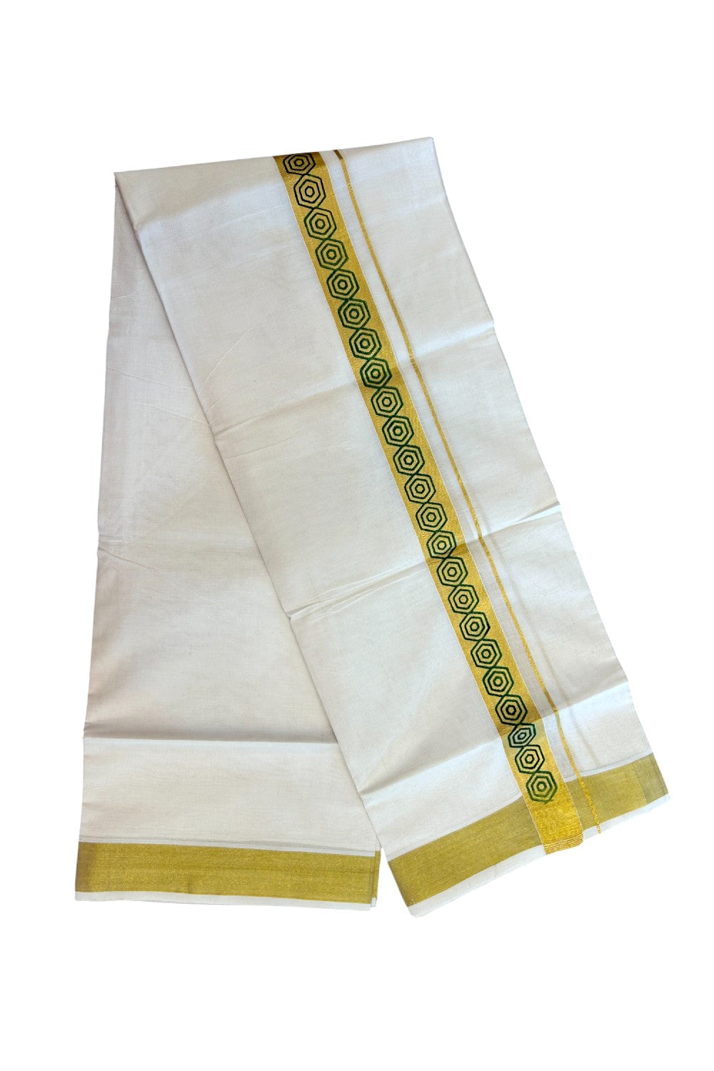 22% Discount!! KaithariKada Balaramapuram 100% Cotton DOUBLE OFF WHITE - (Ubleached) Mundu/Dhoti - 80x90 - 1.5 inch Gold Kasavu with Light Green Printed Design Kara - 29KK5219 GAN