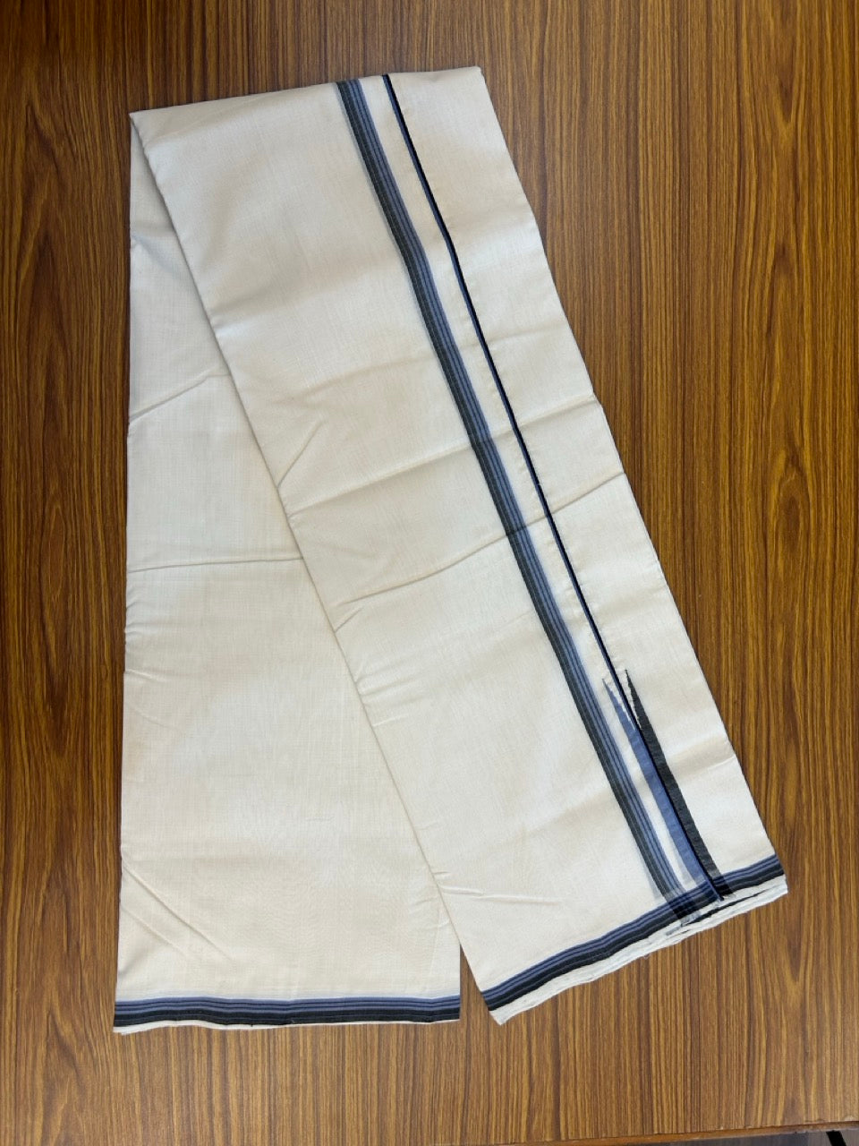 25% DISCOUNT!! KaithariKada HANDLOOM  UNAKKUPAAV Balaramapuram - 100% PURE Cotton OFF White - (Unbleached) Double Mundu/Dothi - 100 x 80 - Blue Black Chutty Kara - 3.80 meter (8.5 Mulam) - 29 KK5249 REA