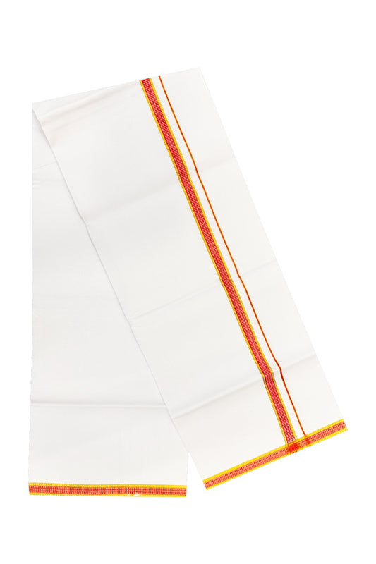 20% OFFER!! KaithariKada 100% Cotton PURE WHITE SINGLE Mundu/Dhoti-40X40 Designer Orange+Red & Kasavu Zazri 3 cm (2 meter / 4 muzham) Kara- 29sar