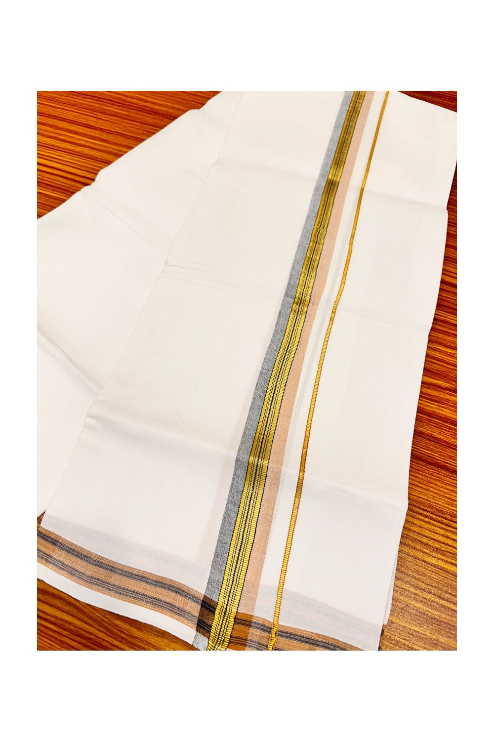 30% OFFER! KaithariKada 100% Cotton Balaramapuram HANDLOOM Single  PURE WHITE Mundu/Dhoti - 2inch (2 meter / 4 muzham) Black & LIght Brown Kasavu Kara &  Stripes Design - 29KAI.