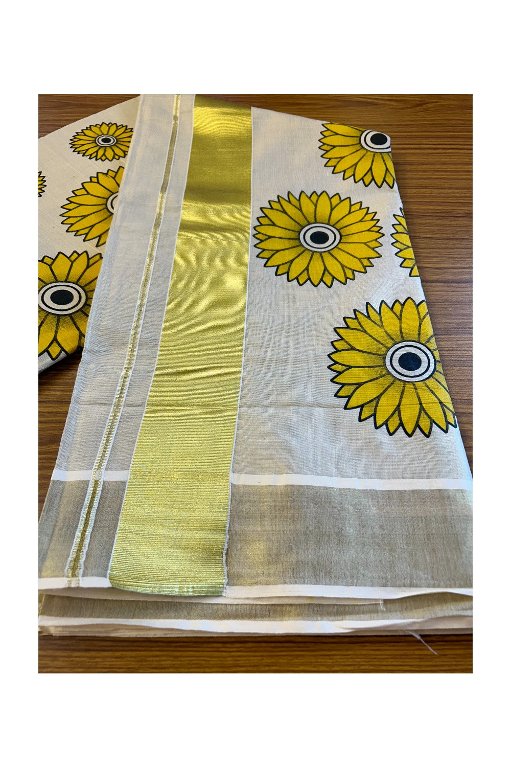 25% Discount! Kaitharikada Kerala Saree - Kasavu Tissue -  Kasavu Zari & Yellow Floral Printed Body - 29KK300VIN