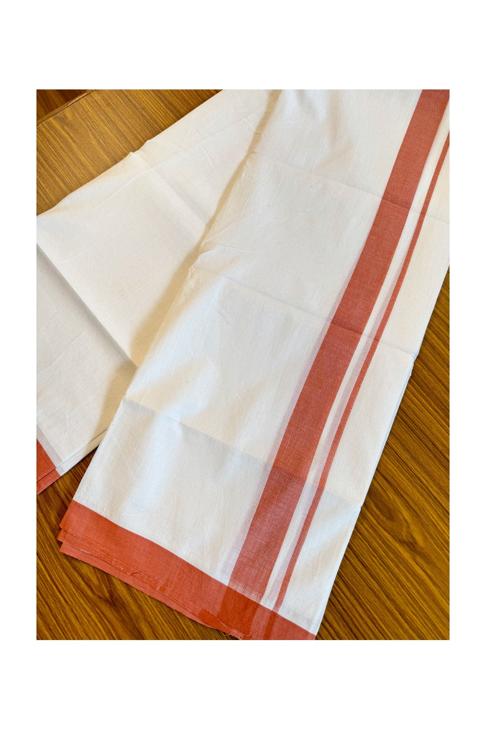 30% Discount! KaithariKada Balaramapuram Handloom 100% Millpaav Cotton Double Mundu/Dhoti Pure white - 100x100 Brick red Mulloth Border - 29KK404RAM