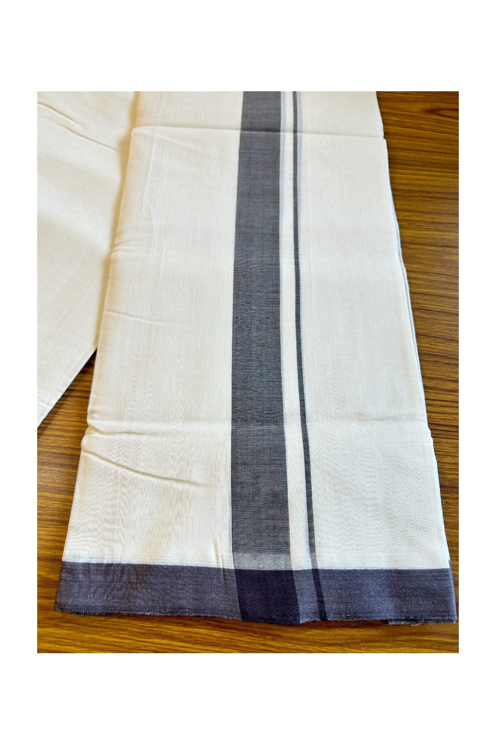 30% DISCOUNT!! KaithariKada HANDLOOM UNAKKUPAAV Balaramapuram - 100% PURE Cotton OFF White (Unbleached) Double Mundu/Dothi - 2 Inch Dark brown Mulloth Kara 3.70m - 29KK456KK