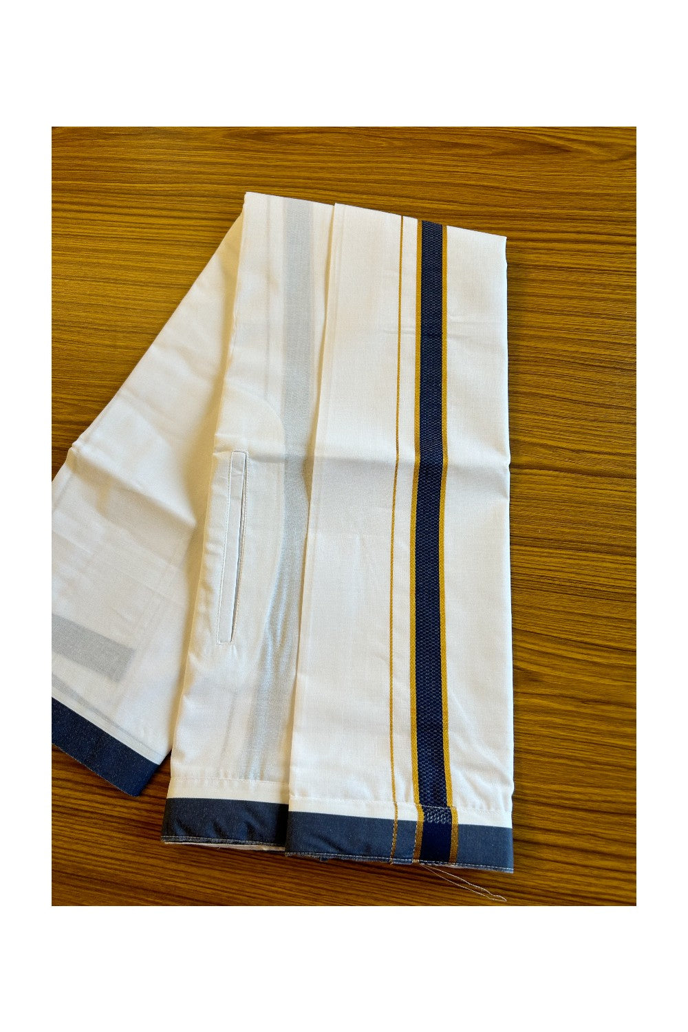 KaithariKada Balaramapuram COTTON SINGLE PURE WHITE VELCRO Mundu/Dhoti - 1.75inch Dark Blue &  Kasavu kara (2 metre / 4 muzham)- 29KK485SRI