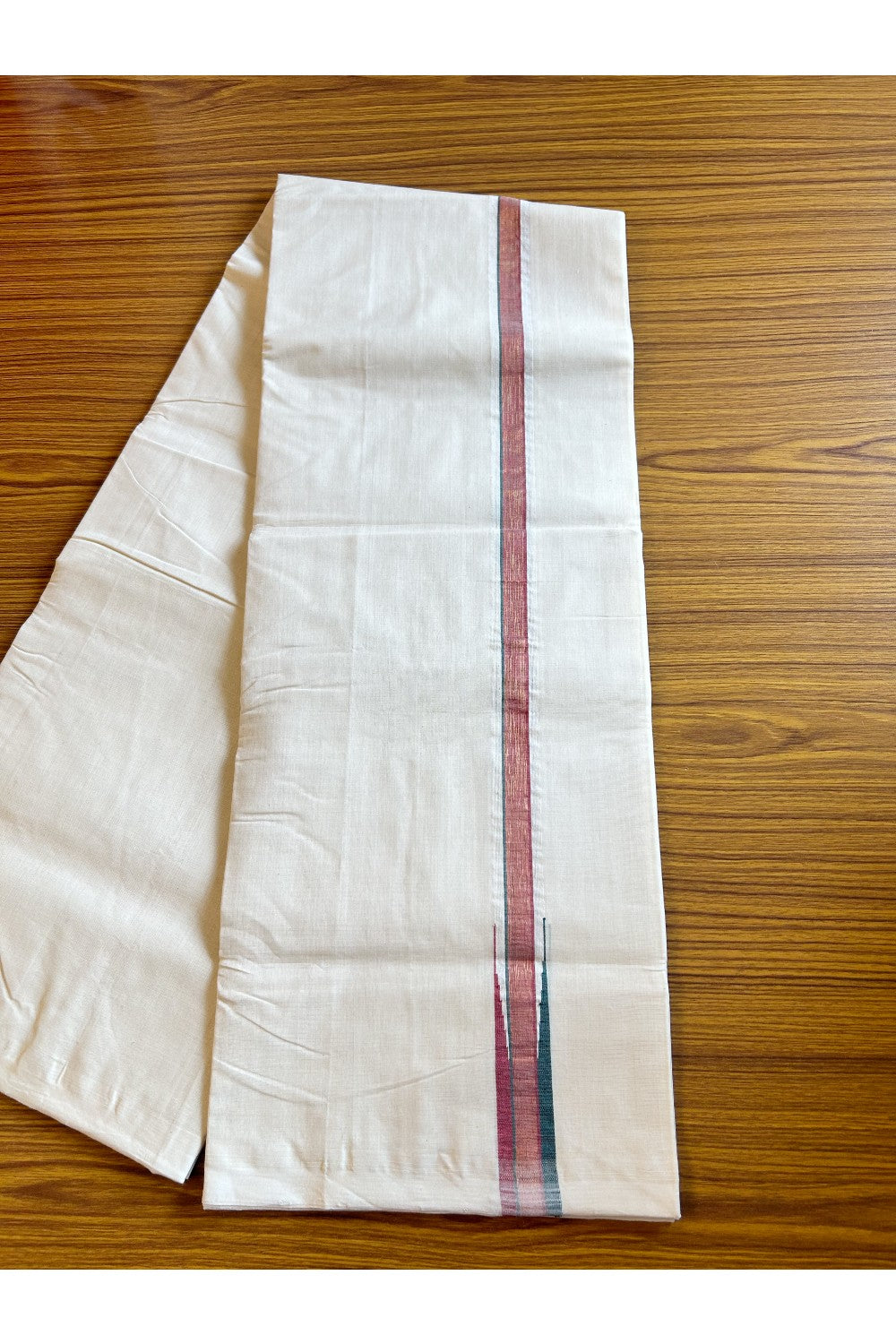 30% DISCOUNT!! KaithariKada HANDLOOM Millpaav Balaramapuram - 100% PURE Cotton OFF White - (Unbleached) Double Mundu/Dothi - 1 inch puliyilakkara Kasavu Shaded Maroon & Green Chutty - 29KK5011RAM