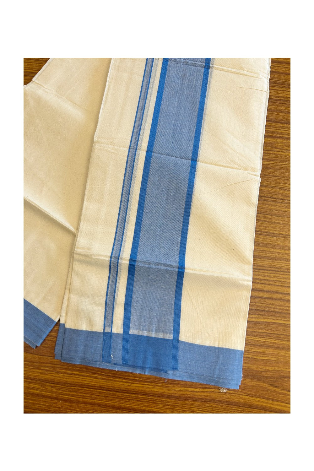 10% DISCOUNT ! KaithariKada Balaramapuram 100% Cotton Double Off white -(Unbleached) - Mundu/Dhoti-100X100- Light BLUE 3.75 inch Kara- 23.