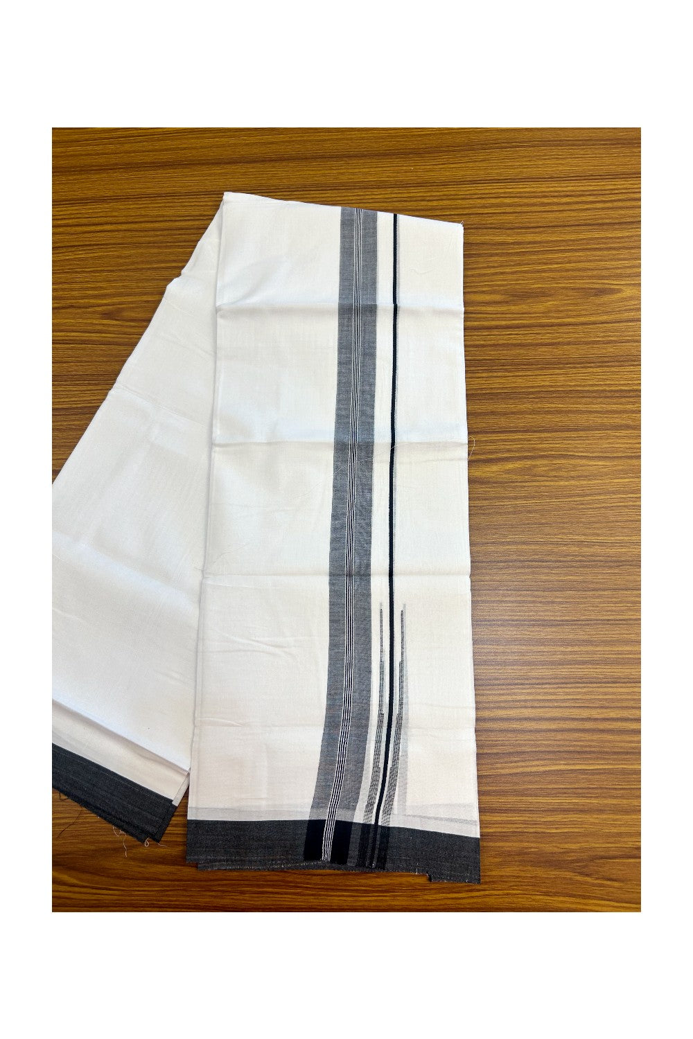 25% DISCOUNT!!! KaithariKada Balaramapuram 100% Cotton DOUBLE PURE WHITE Mundu/Dhoti - 80X80 - 1.5 Inch Black & White Shaded Centre Stripes Chutty kara - 29KK5171GAN