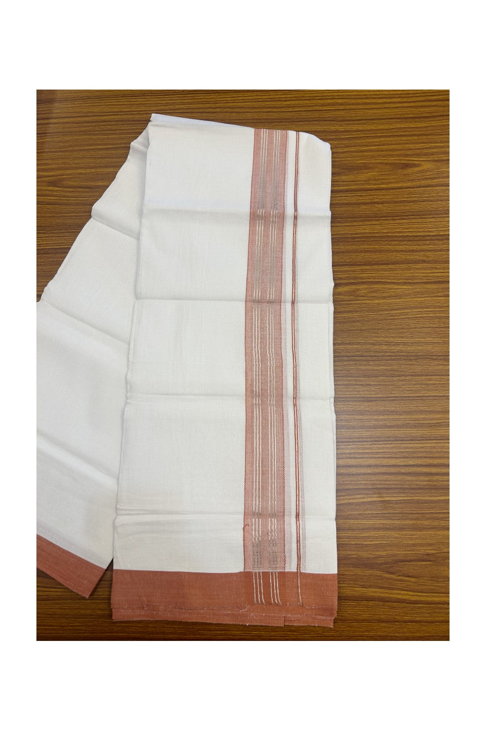 Linen Dhoti NEW! 20% Discount from Kaitharikada.com - Double Mundu/Dhoti 80x90 Thread PURE WHITE - Pure Cotton + Linen -1.75 Inch Brick Orange & Silver Striped Kara - 29KK5174THI