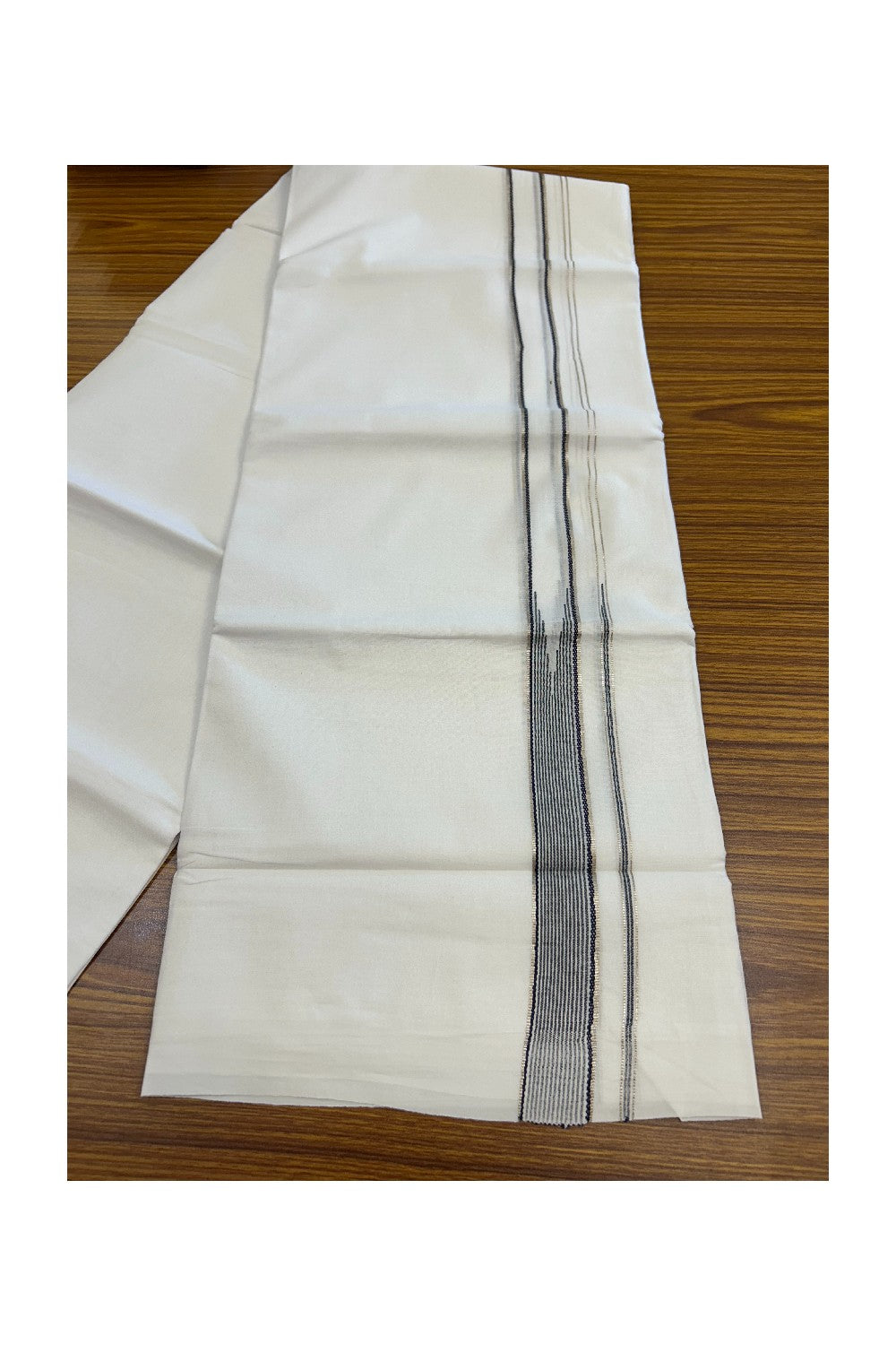20% Discount ! Kaitharikada Balaramapuram 100% Cotton PURE WHITE Double Mundu/Dothi - 100x80 - 1 inch Silver Kasavu & Navy Blue Striped chutty kara- 29KK5183VIN