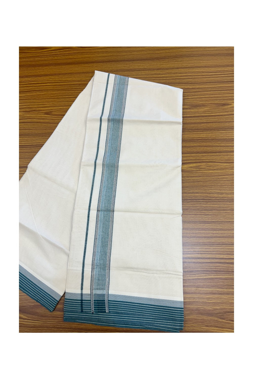 20% DISCOUNT ! KaithariKada Balaramapuram 100%  Cotton OFF WHITE (Unbleached) Double  Mundu/Dhoti - 100X80 - 1.5 inch Dark Green & Black Striped & Shaded Designer Kara - 29KK5213 VIN