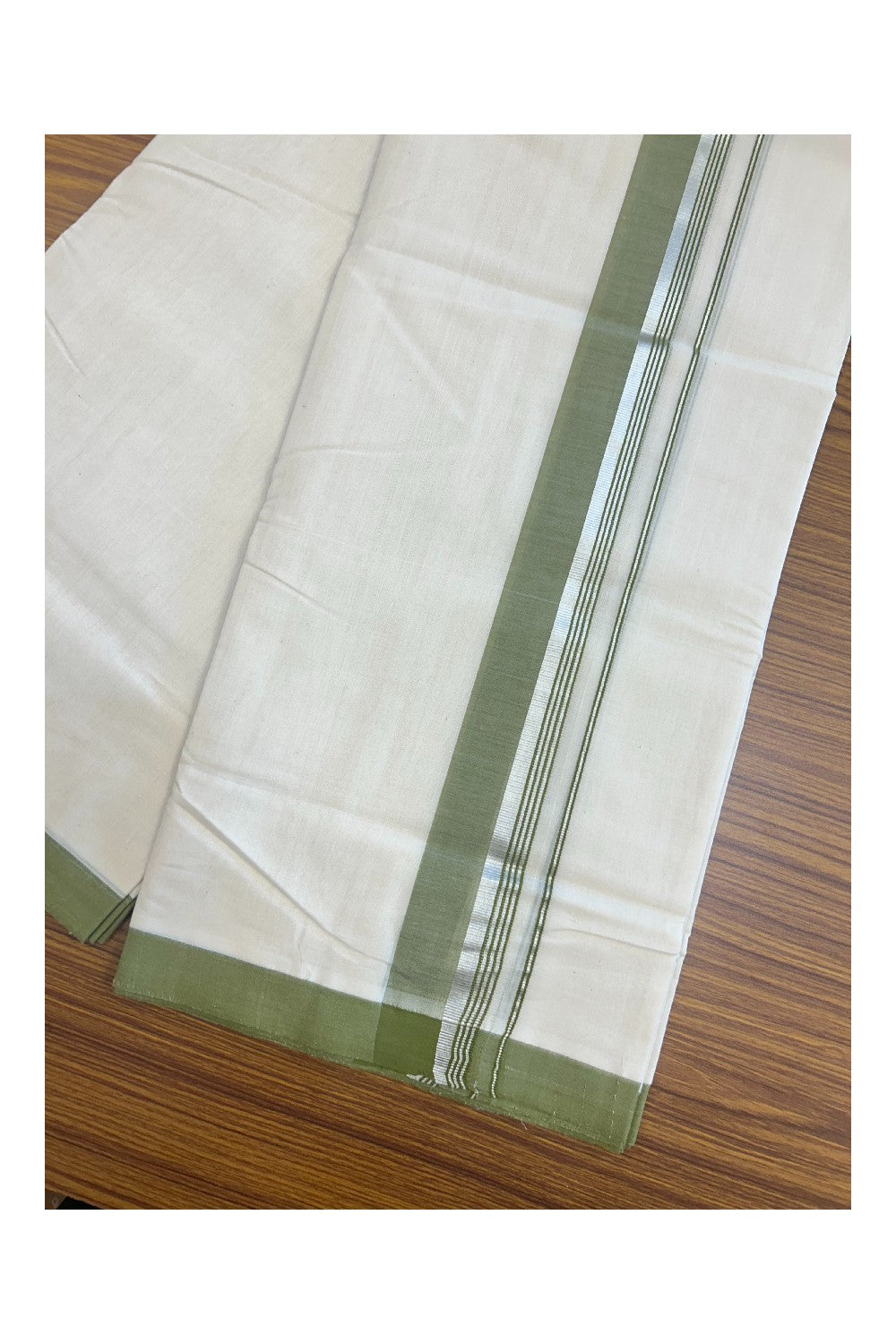 31% DISCOUNT!! KaithariKada HANDLOOM Millpaav Balaramapuram - 100% PURE Cotton OFF White Double - (Unbleached) Mundu/Dothi - 1.75 Inch Silver Kasav Green - 29kk5153RAM