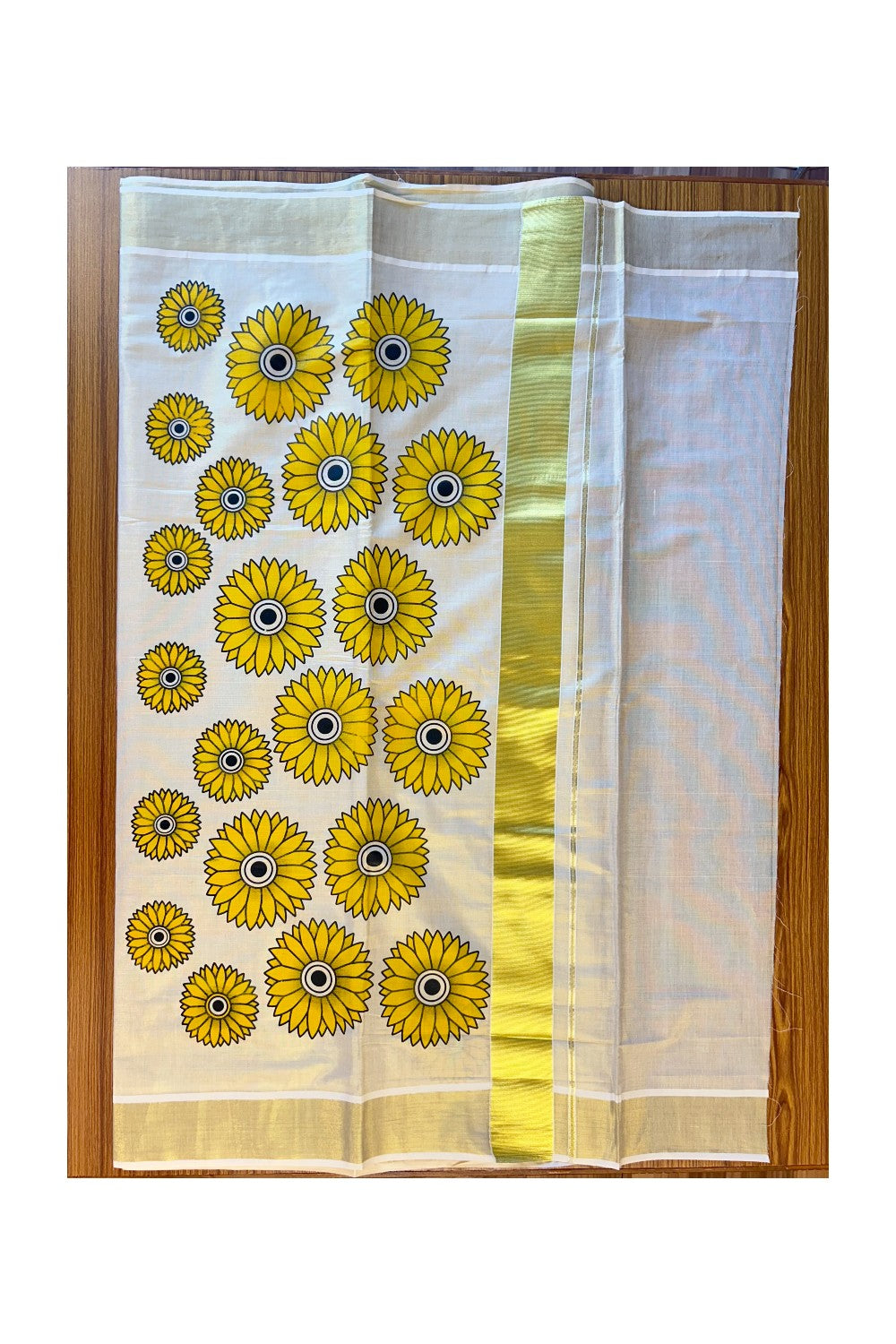 25% Discount! Kaitharikada Kerala Saree - Kasavu Tissue -  Kasavu Zari & Yellow Floral Printed Body - 29KK300VIN