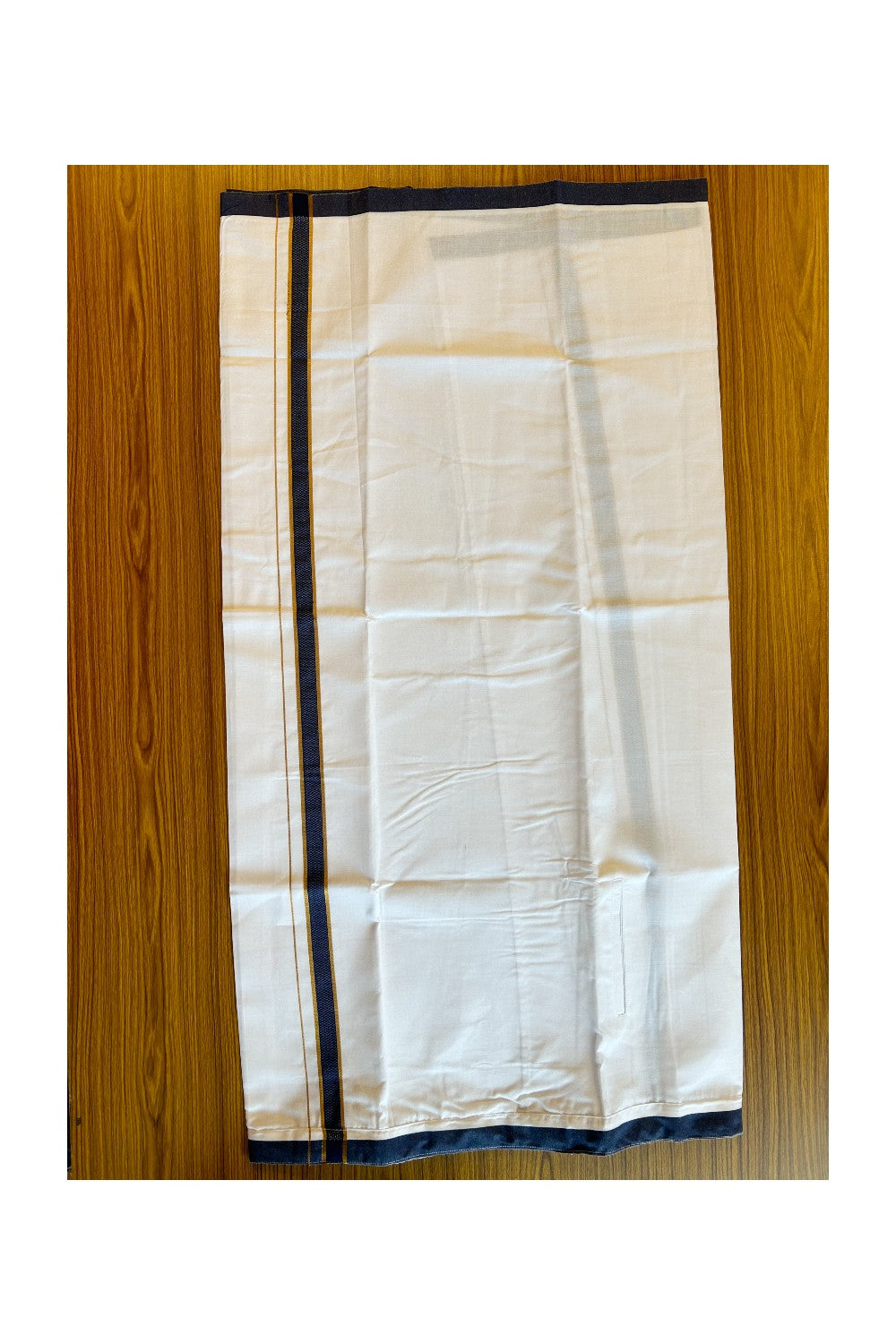 KaithariKada Balaramapuram COTTON SINGLE PURE WHITE VELCRO Mundu/Dhoti - 1.75inch Dark Blue &  Kasavu kara (2 metre / 4 muzham)- 29KK485SRI