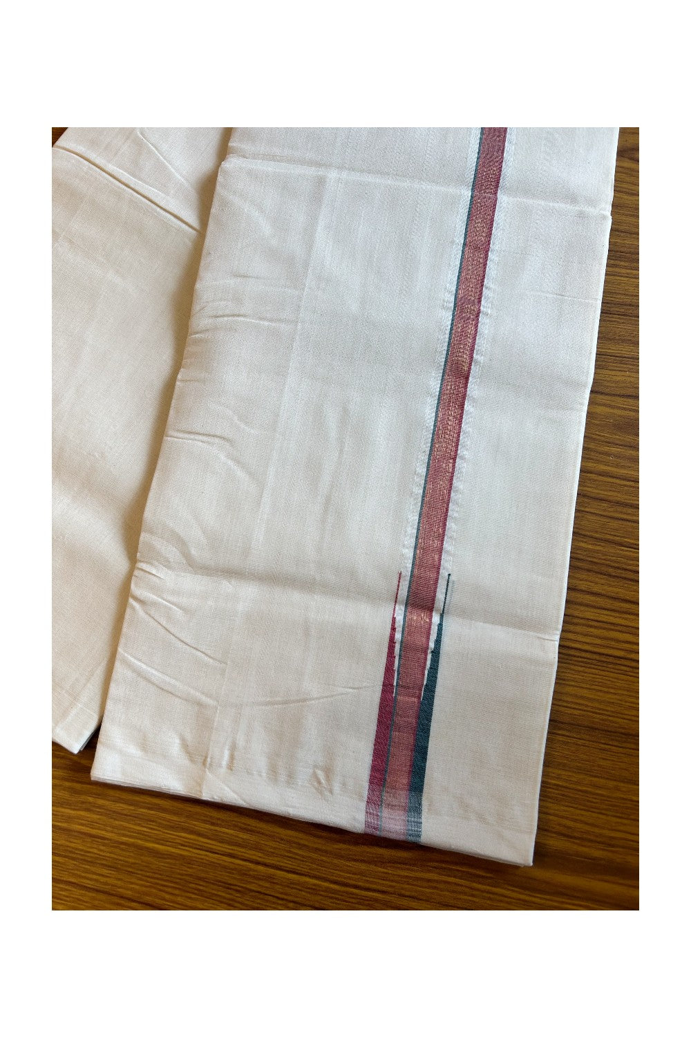 30% DISCOUNT!! KaithariKada HANDLOOM Millpaav Balaramapuram - 100% PURE Cotton OFF White - (Unbleached) Double Mundu/Dothi - 1 inch puliyilakkara Kasavu Shaded Maroon & Green Chutty - 29KK5011RAM
