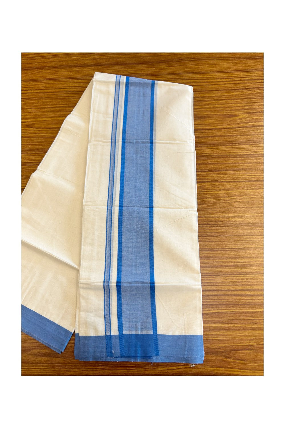 10% DISCOUNT ! KaithariKada Balaramapuram 100% Cotton Double Off white -(Unbleached) - Mundu/Dhoti-100X100- Light BLUE 3.75 inch Kara- 23.