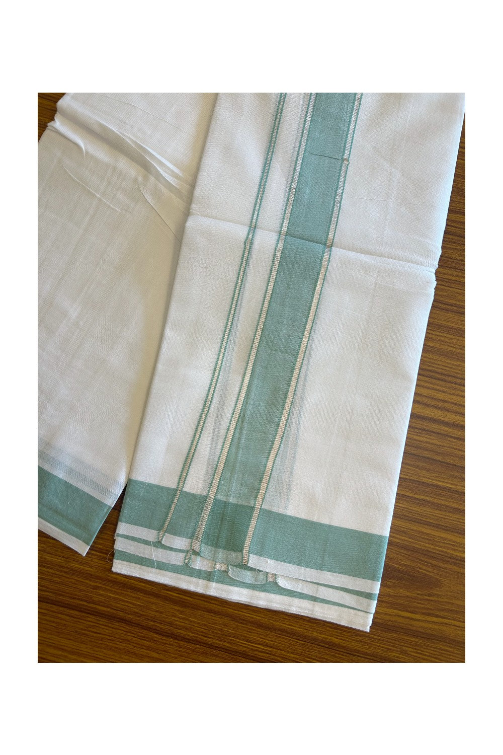 29% DISCOUNT! KaithariKada Balaramapuram 100% Mercerised Cotton Double ULTRA PURE white Mundu/Dhoti - 100x100  2.25 inch Silver Kasavu &  Light Pista green Kara - 29KK5108GAN