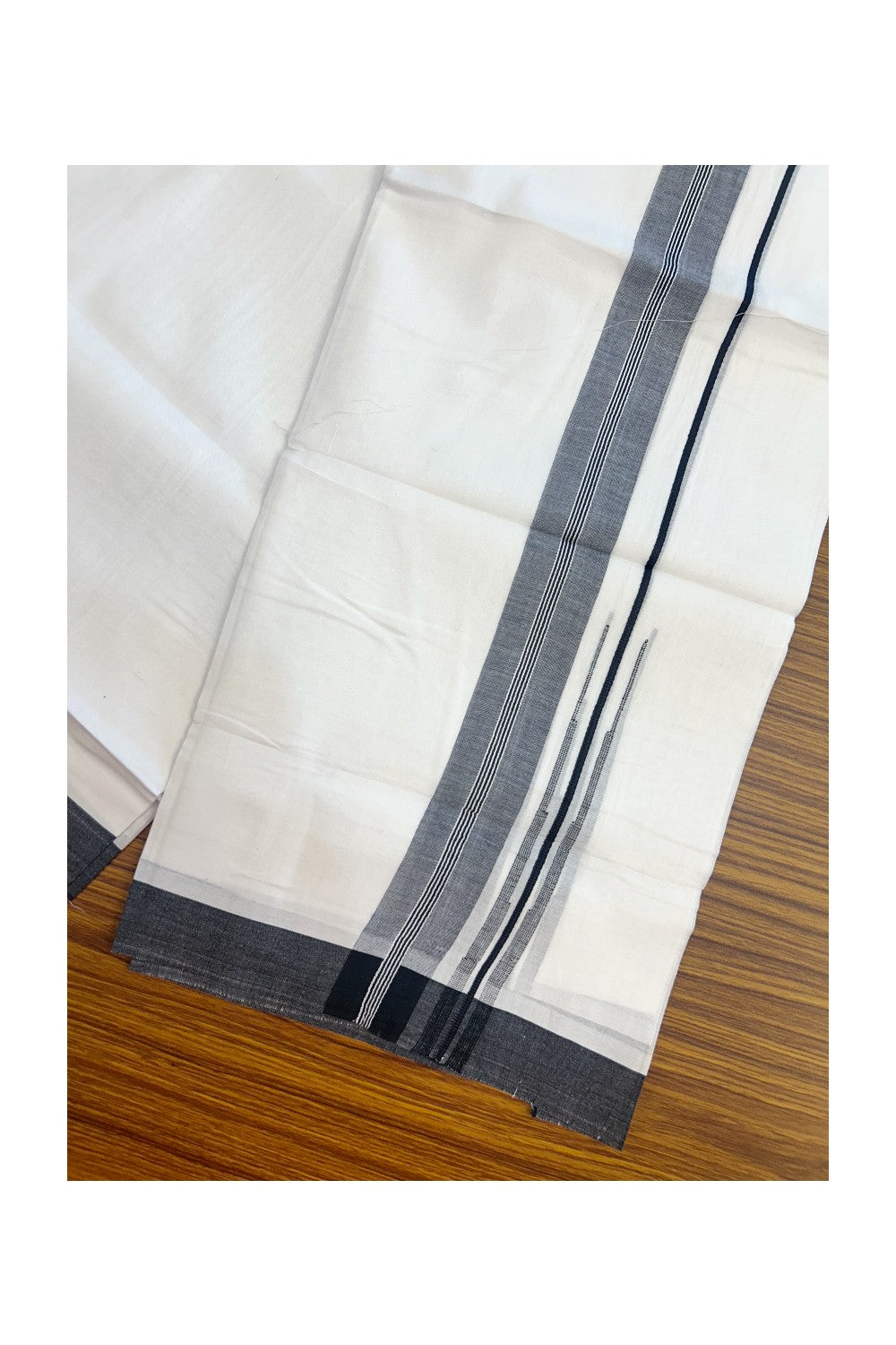 25% DISCOUNT!!! KaithariKada Balaramapuram 100% Cotton DOUBLE PURE WHITE Mundu/Dhoti - 80X80 - 1.5 Inch Black & White Shaded Centre Stripes Chutty kara - 29KK5171GAN